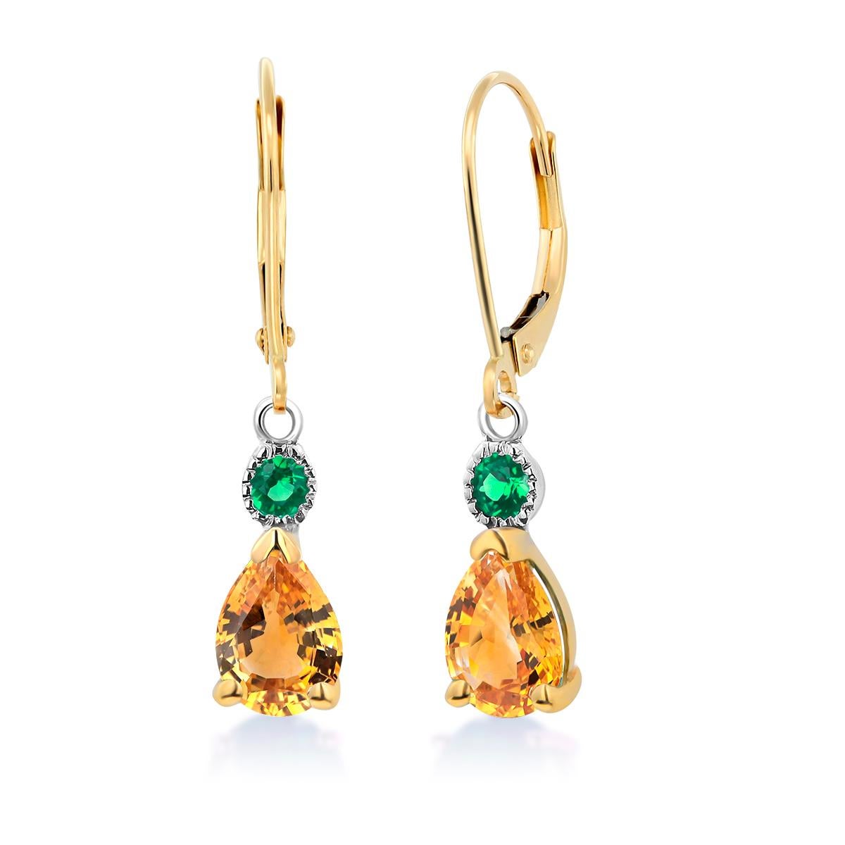 Pear Shaped Yellow Sapphire and Round Emerald Drop Hoop Gold Earrings In New Condition In New York, NY