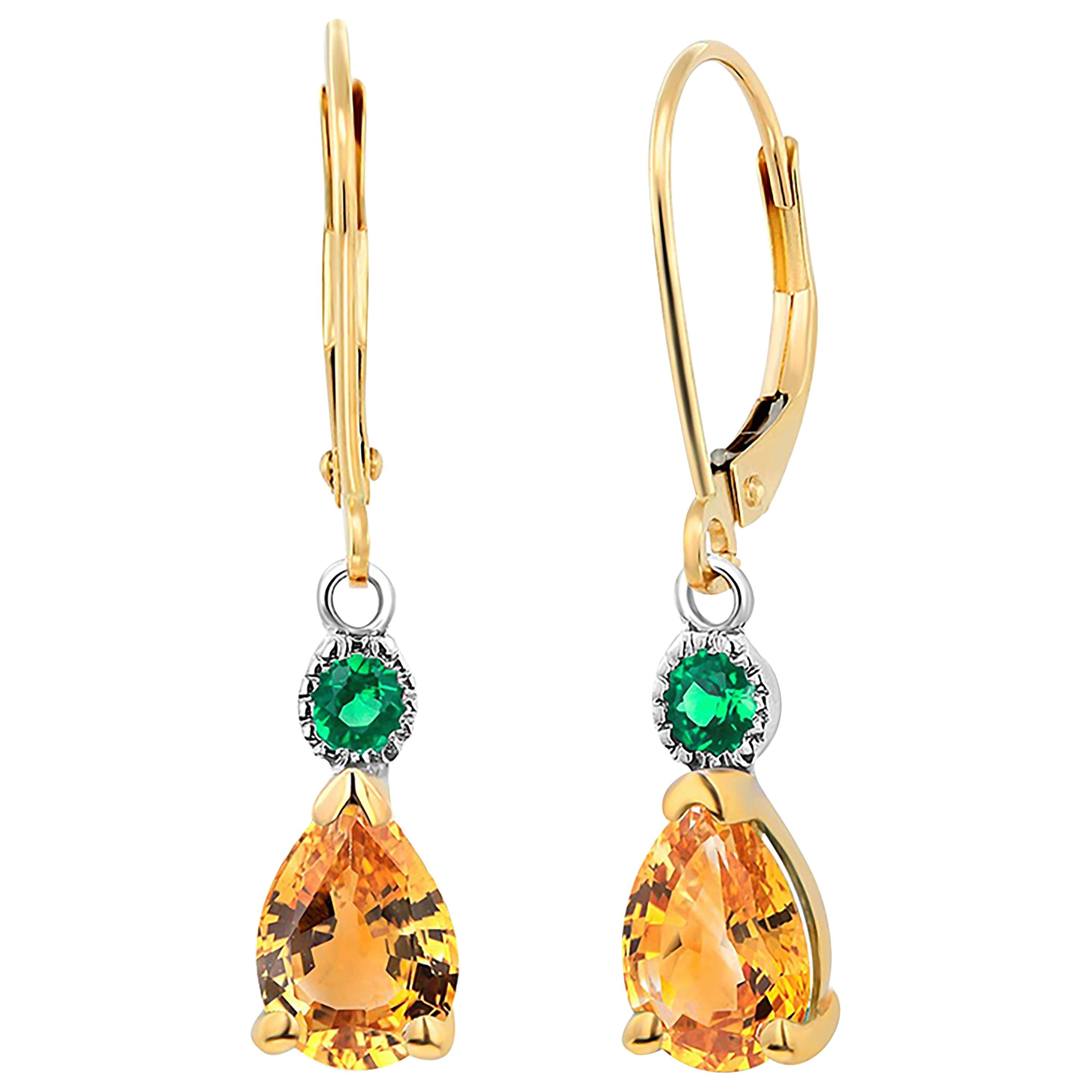 Pear Shaped Yellow Sapphire and Round Emerald Drop Hoop Gold Earrings