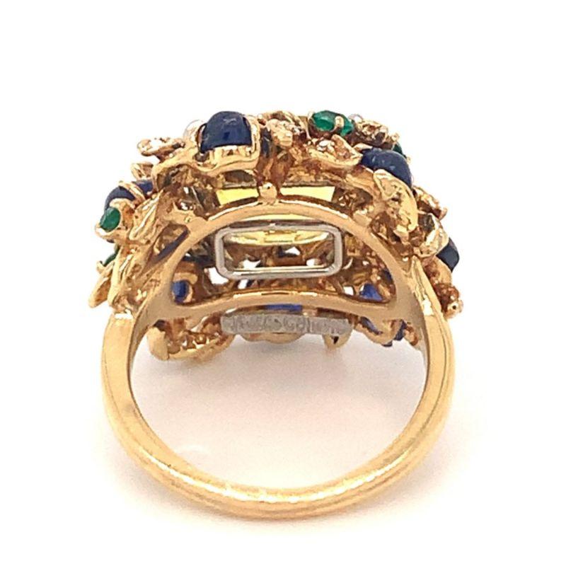 Brilliant Cut Yellow Sapphire and Multi-Gem Gold Cocktail Ring by Julius Cohen, circa 1970s For Sale