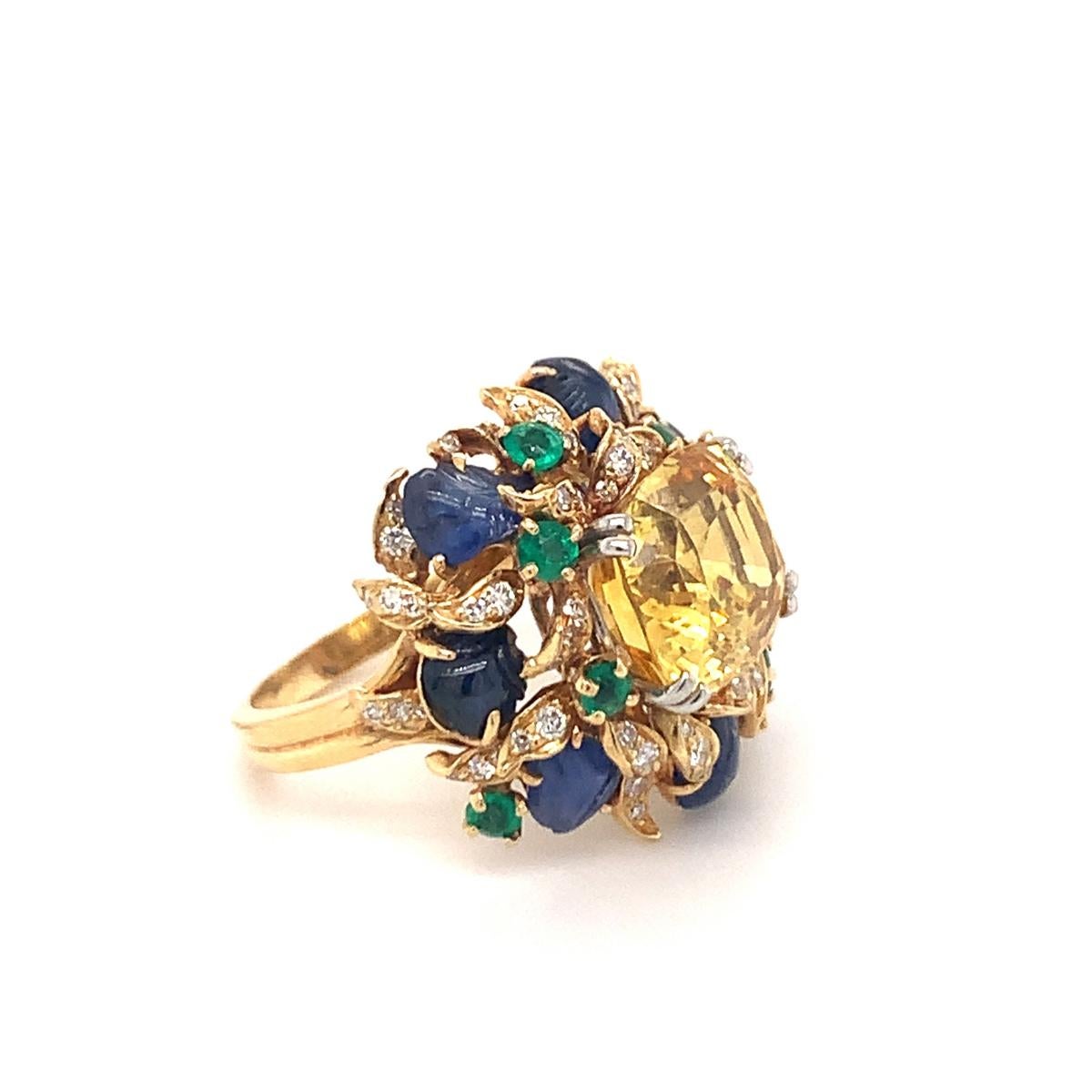 Yellow Sapphire and Multi-Gem Gold Cocktail Ring by Julius Cohen, circa 1970s In Good Condition For Sale In Beverly Hills, CA