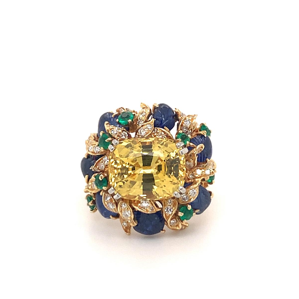 Yellow Sapphire and Multi-Gem Gold Cocktail Ring by Julius Cohen, circa 1970s For Sale 1