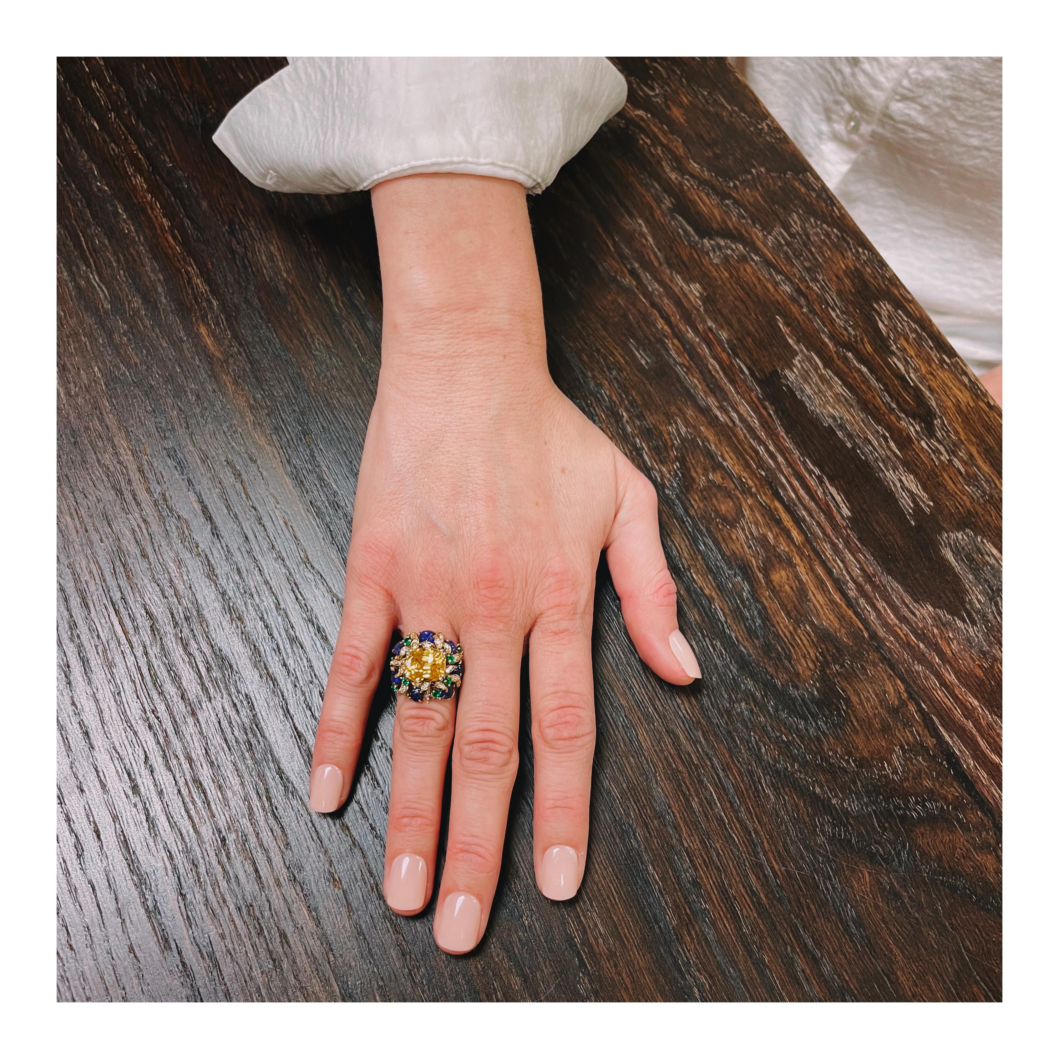 Yellow Sapphire and Multi-Gem Gold Cocktail Ring by Julius Cohen, circa 1970s For Sale 3