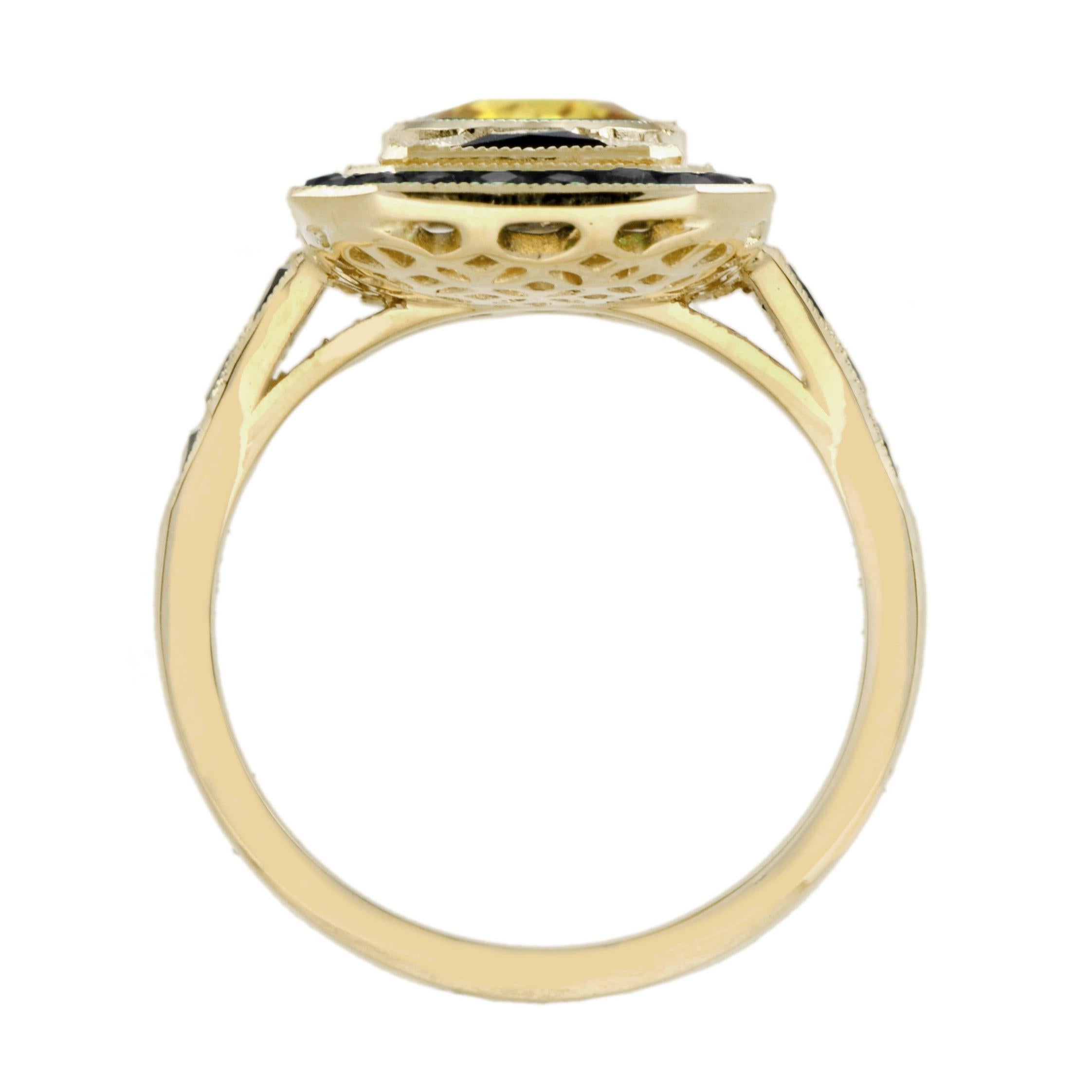 Yellow Sapphire and Onyx Art Deco Style Dinner Ring in 14K Yellow Gold For Sale 6
