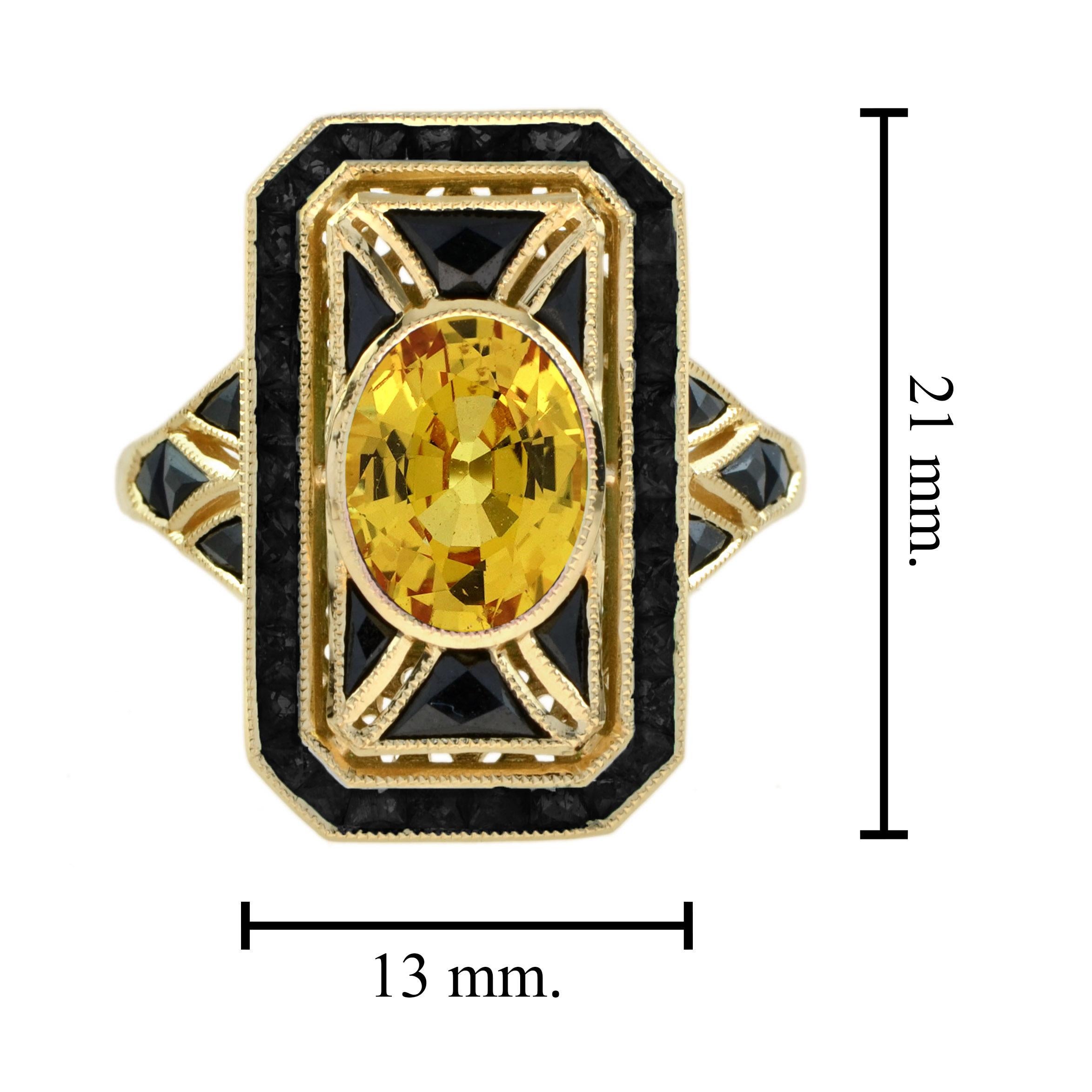 Yellow Sapphire and Onyx Art Deco Style Dinner Ring in 14K Yellow Gold For Sale 7