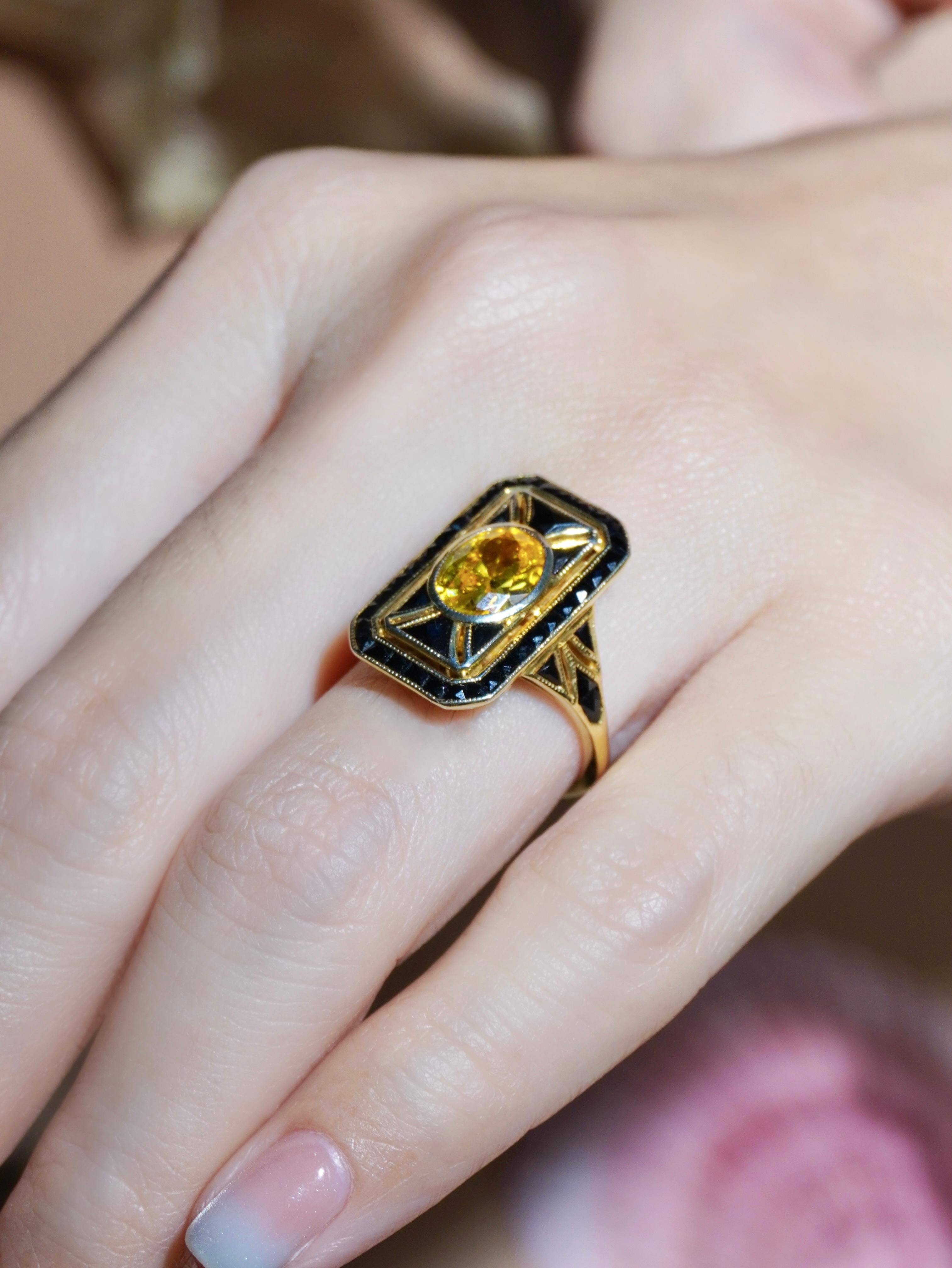 Oval Cut Yellow Sapphire and Onyx Art Deco Style Dinner Ring in 14K Yellow Gold For Sale