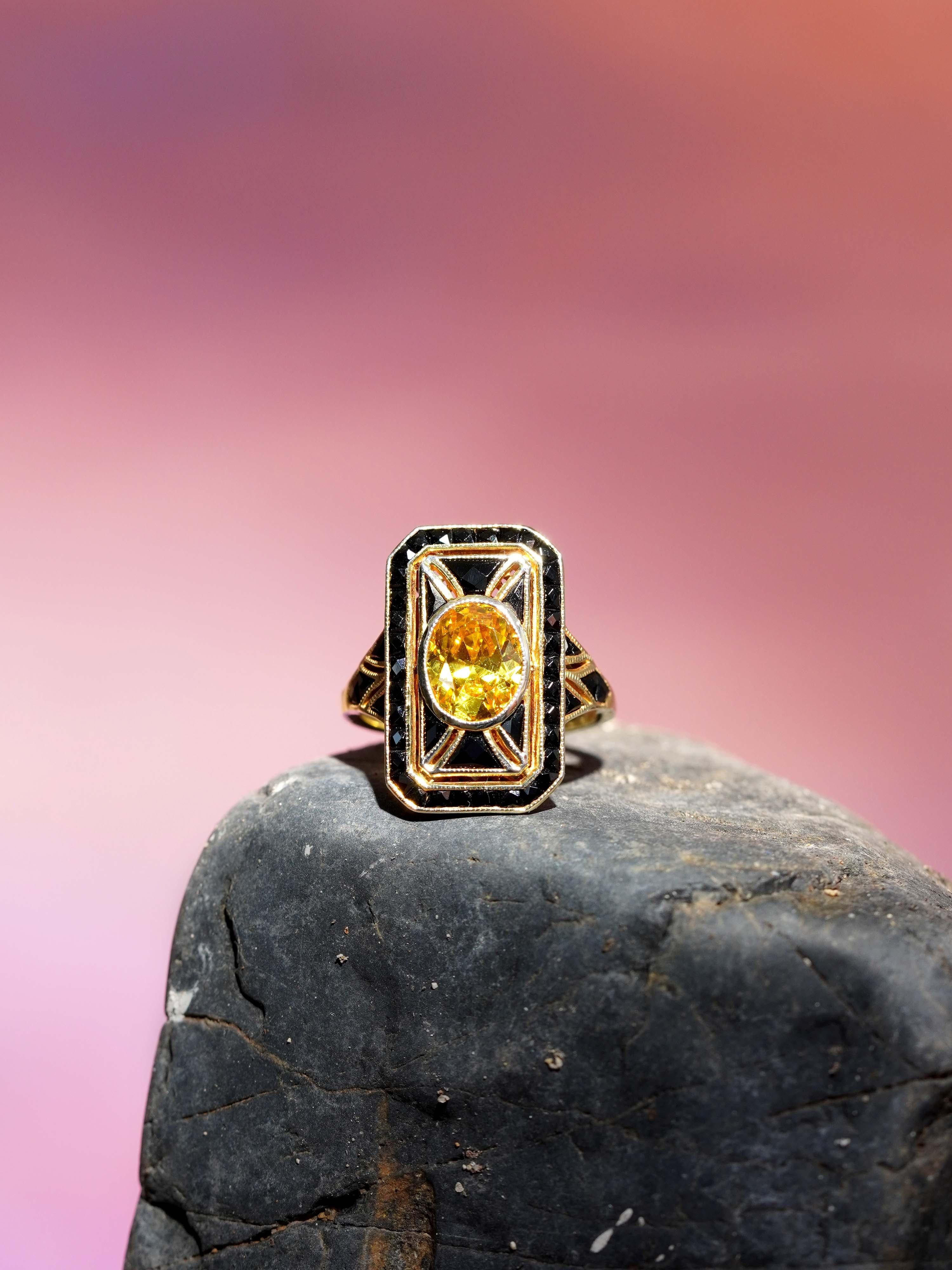 Women's Yellow Sapphire and Onyx Art Deco Style Dinner Ring in 14K Yellow Gold For Sale