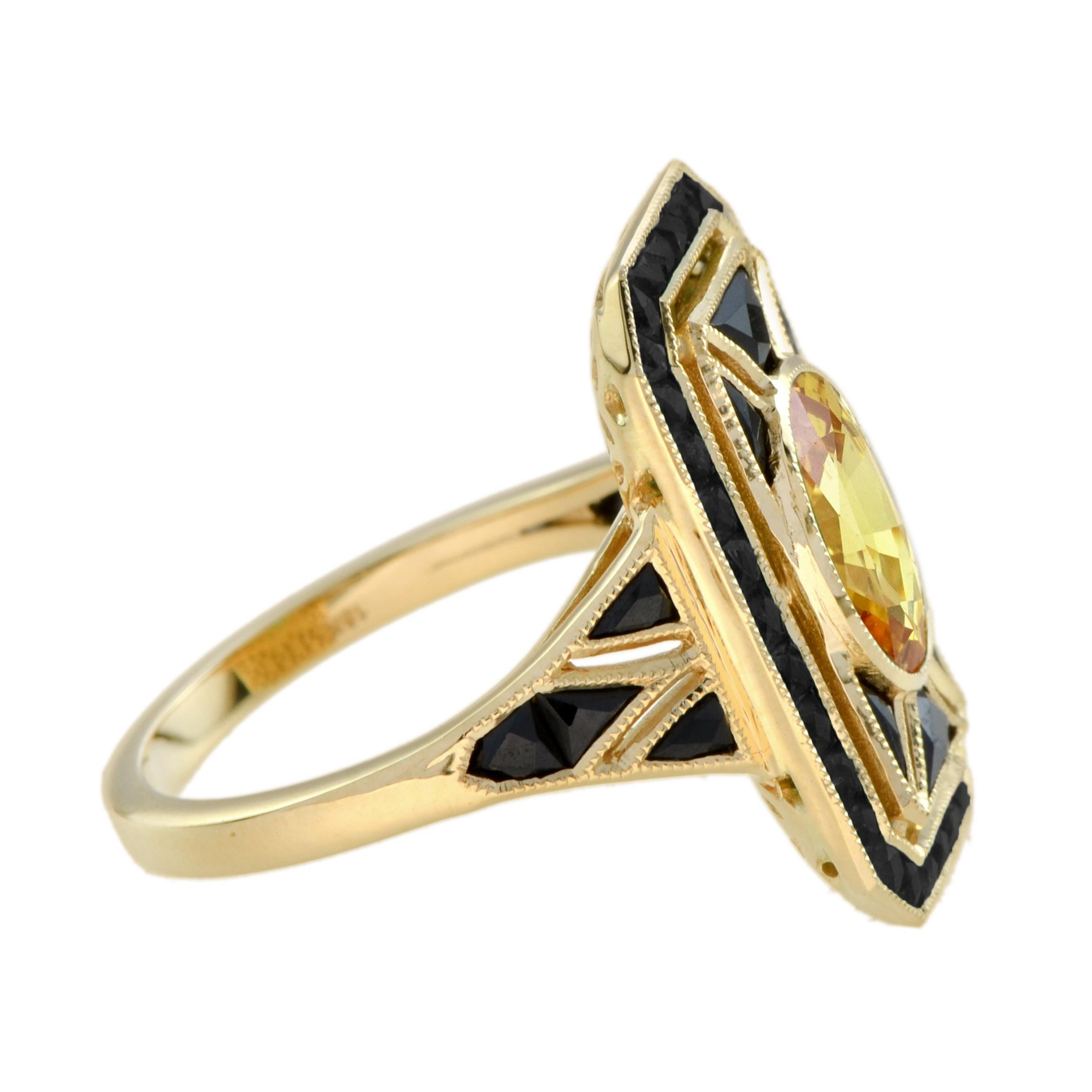 Yellow Sapphire and Onyx Art Deco Style Dinner Ring in 14K Yellow Gold For Sale 4