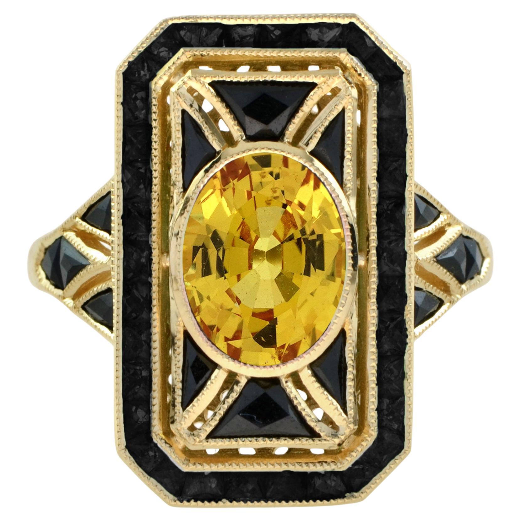 Yellow Sapphire and Onyx Art Deco Style Dinner Ring in 14K Yellow Gold For Sale