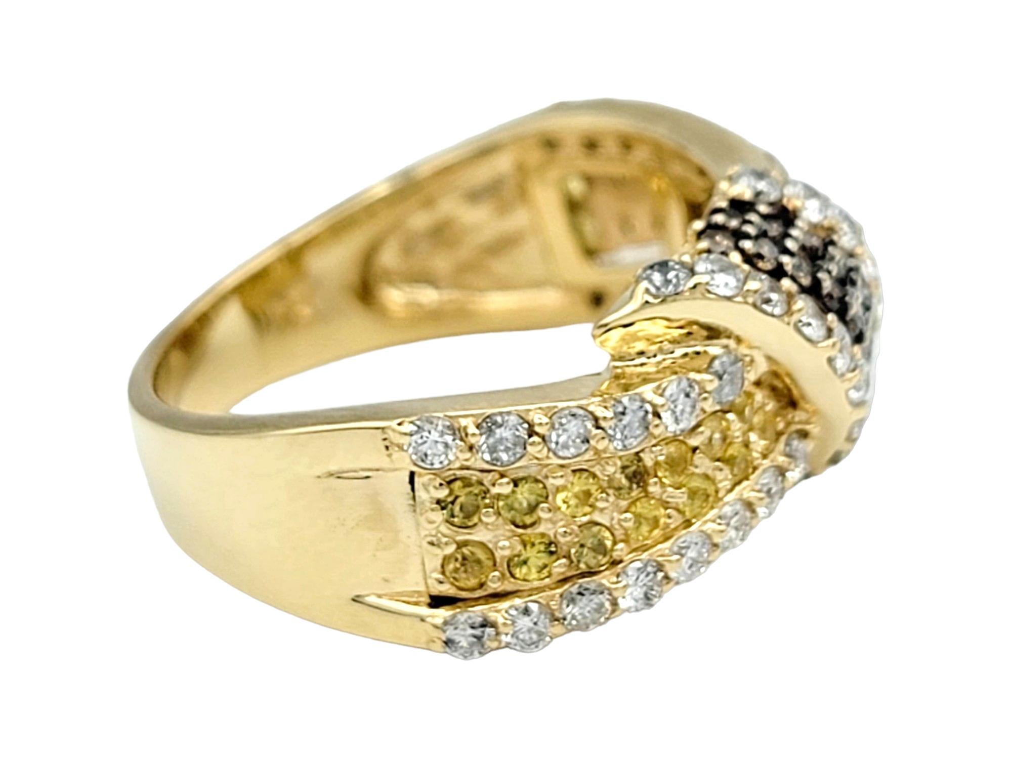 Round Cut Yellow Sapphire and Pave Diamond Twisted Knot Band Ring in 14 Karat Yellow Gold For Sale