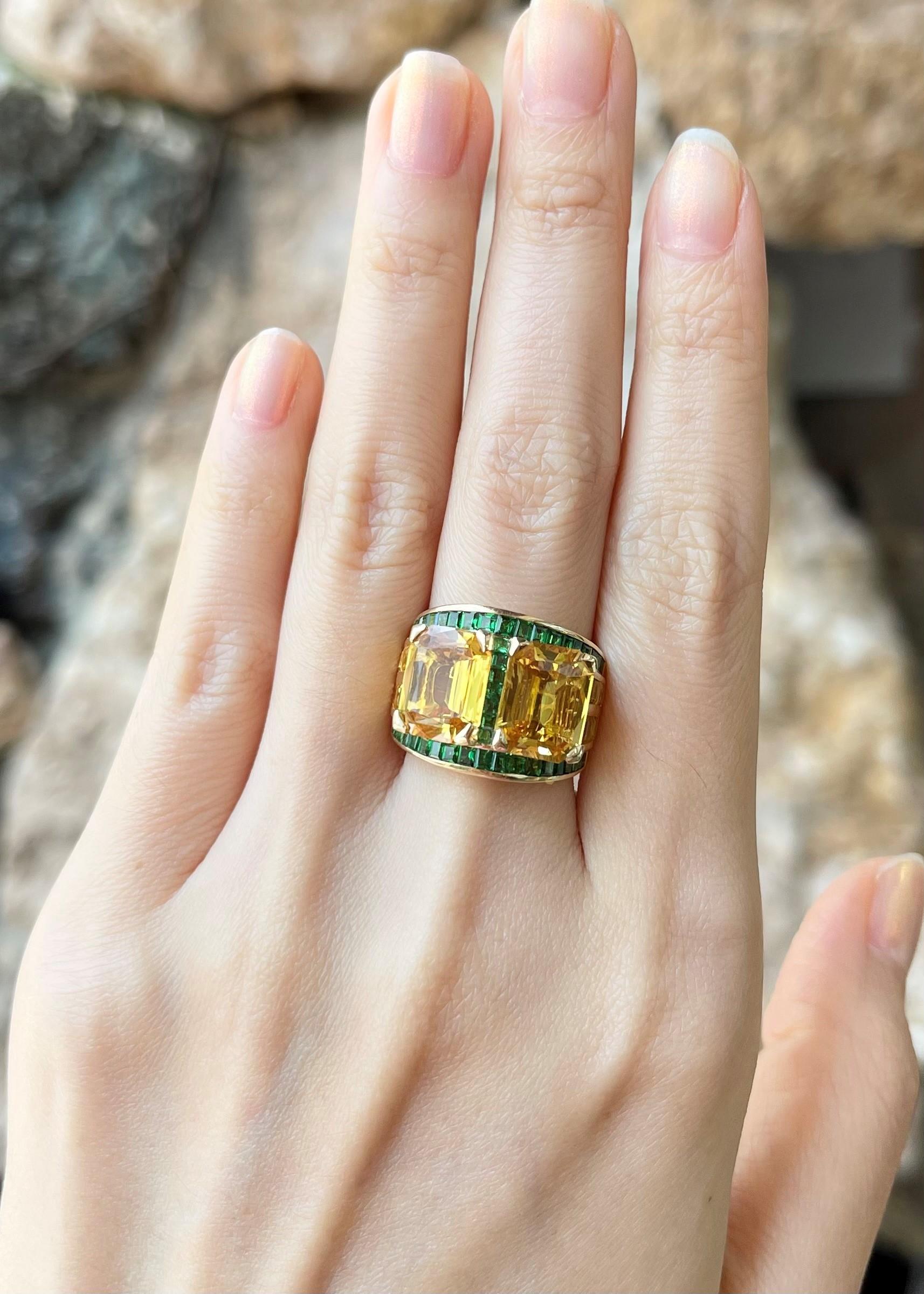 Saphir jaune 7,85 carats, tsavorite 1,33 carats et saphir jaune 1,86 carats Bague en or 18 carats

Largeur :  1.8 cm 
Longueur : 1.5 cm
Taille de l'anneau : 54
Poids total : 11,80 grammes

