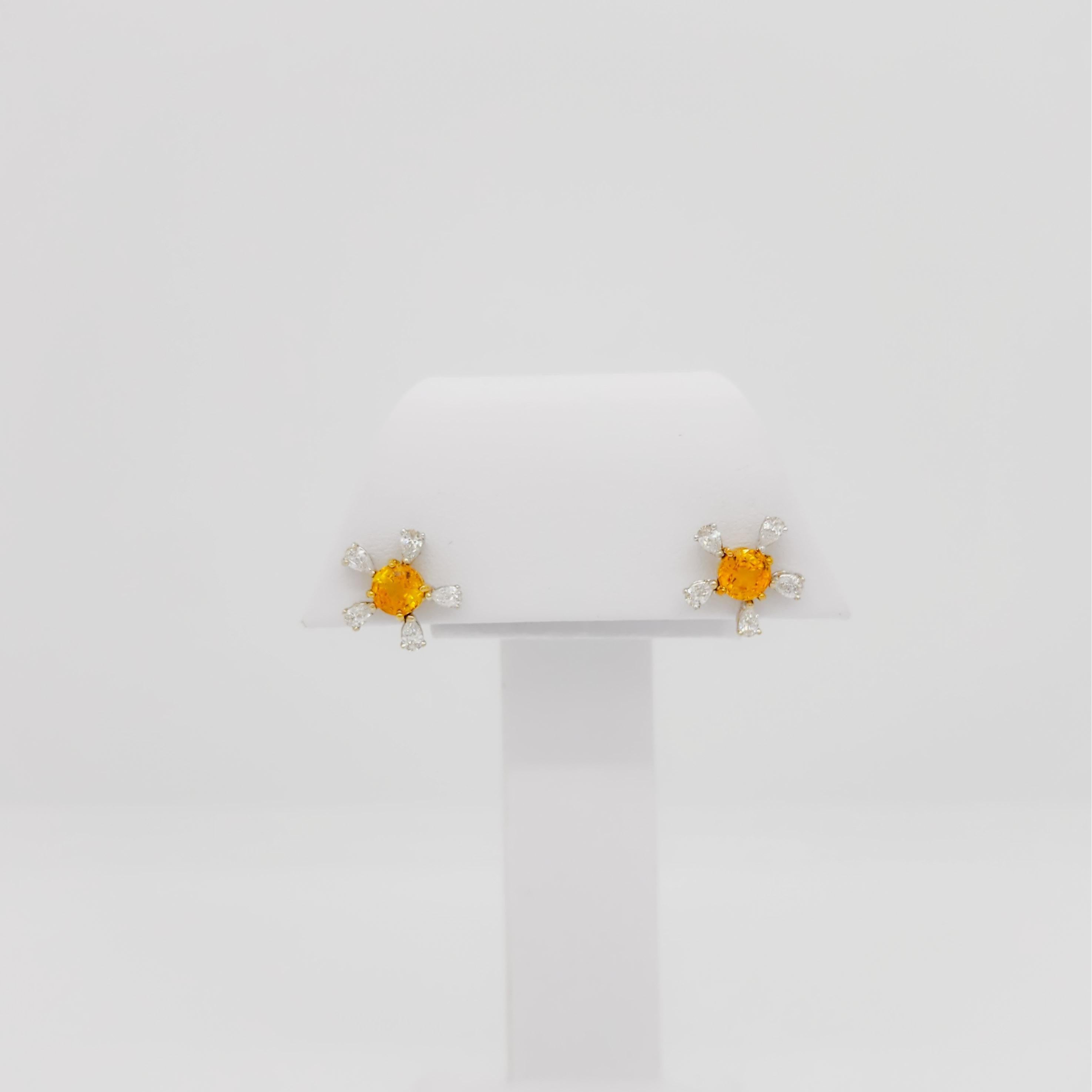 Round Cut Yellow Sapphire and White Diamond Earrings in 18k Two Tone Gold For Sale