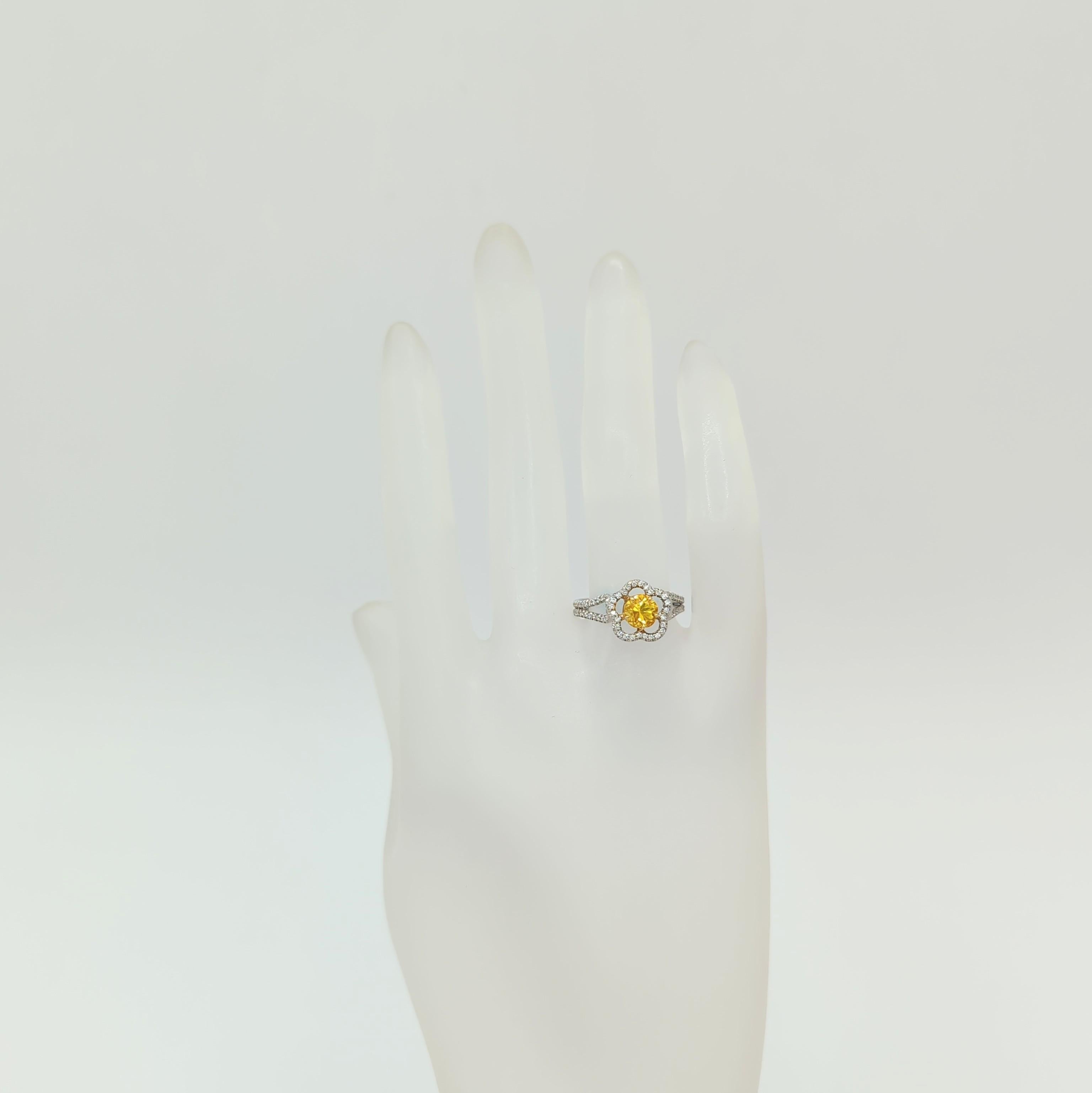 Round Cut Yellow Sapphire and White Diamond Floral Ring in 18K 2 Tone Gold For Sale
