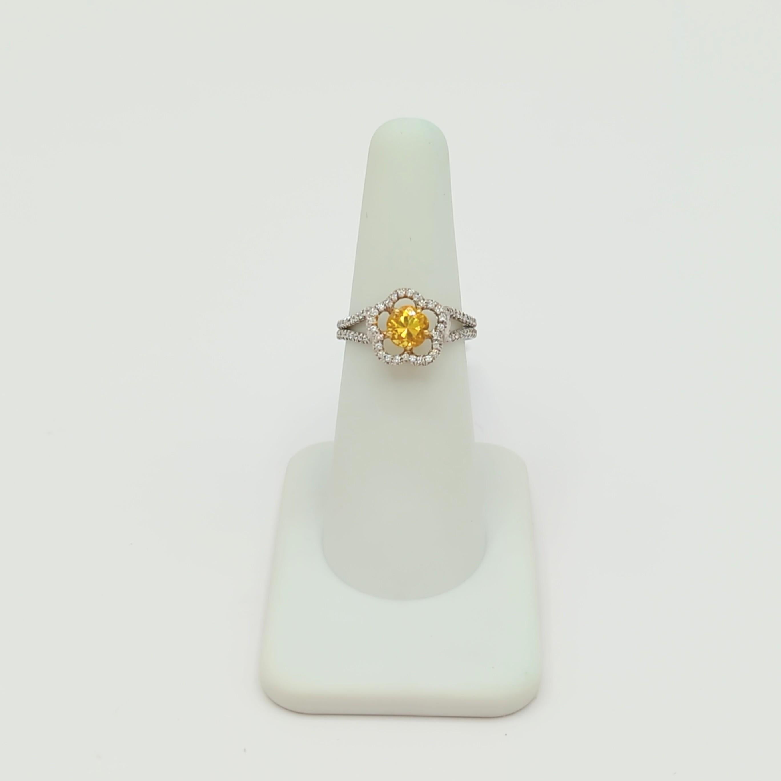 Women's or Men's Yellow Sapphire and White Diamond Floral Ring in 18K 2 Tone Gold For Sale