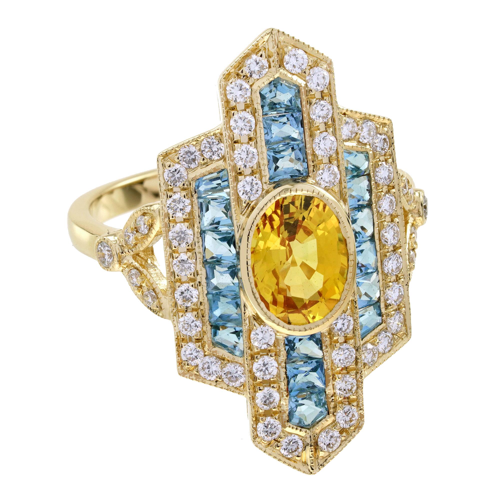 Yellow Sapphire Aquamarine and Diamond Art Deco Style Dinner Ring in 18K Gold In New Condition For Sale In Bangkok, TH