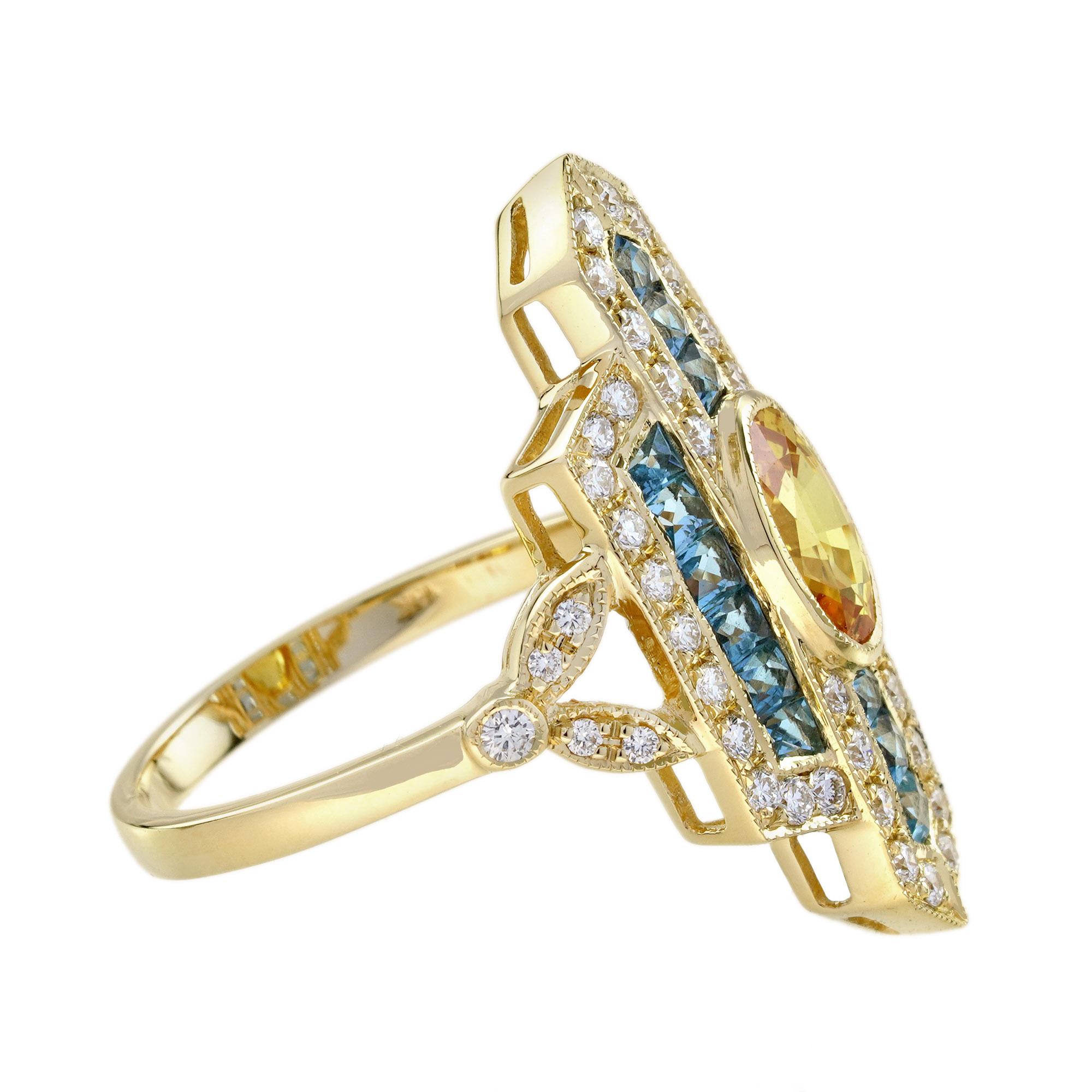 Women's or Men's Yellow Sapphire Aquamarine and Diamond Art Deco Style Dinner Ring in 18K Gold For Sale