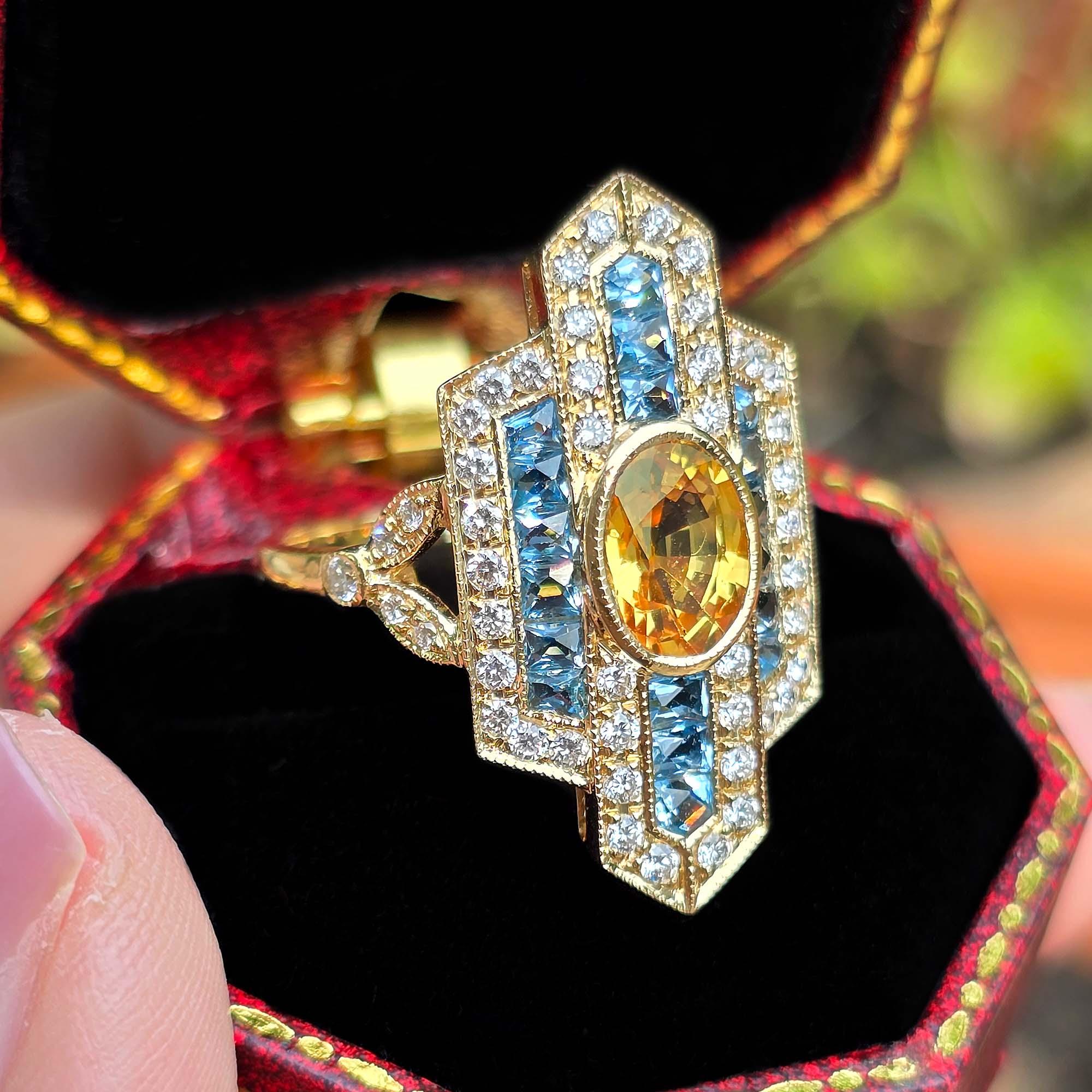 Oval Cut Yellow Sapphire Aquamarine and Diamond Art Deco Style Dinner Ring in 18K Gold For Sale