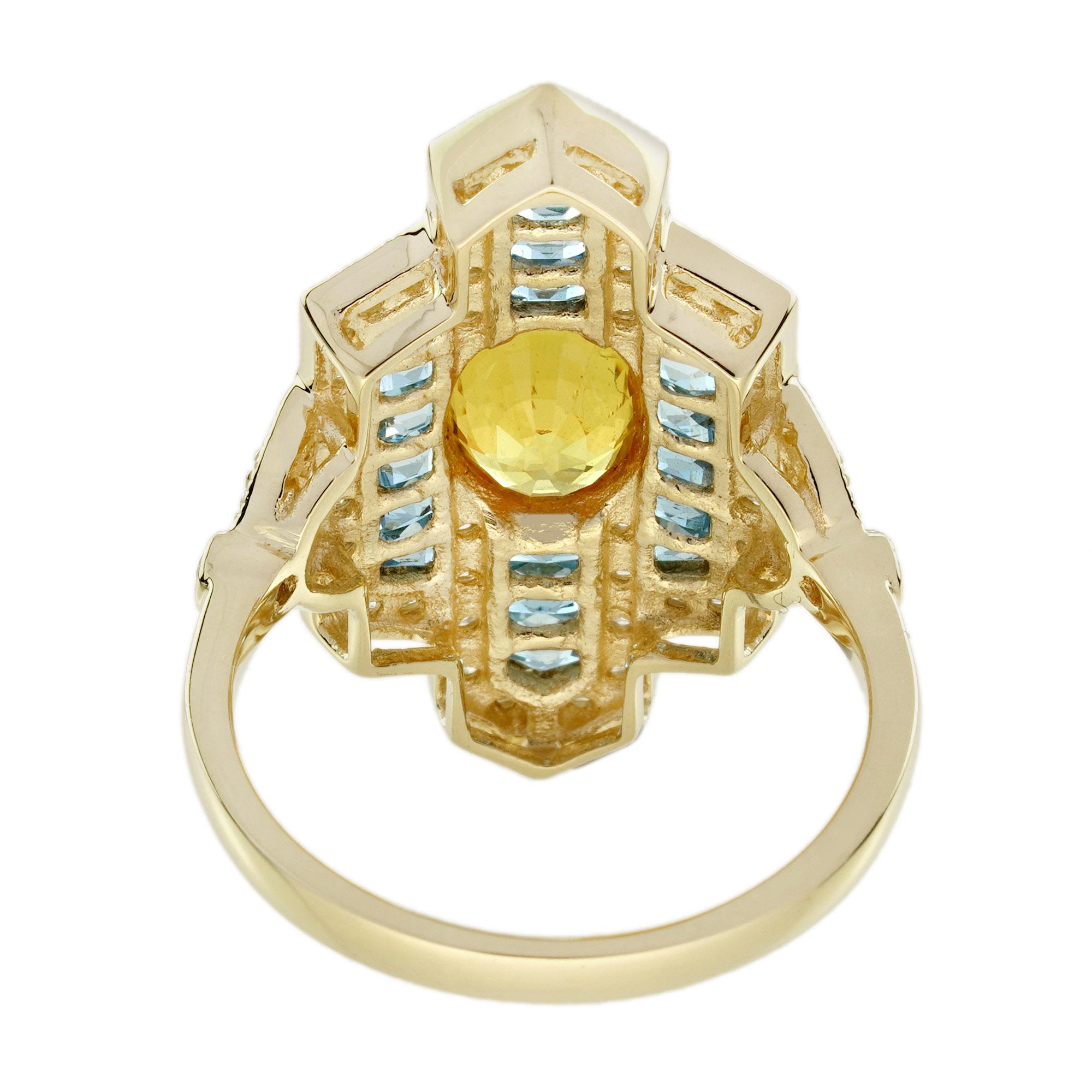 Yellow Sapphire Aquamarine and Diamond Art Deco Style Dinner Ring in 18K Gold For Sale 1