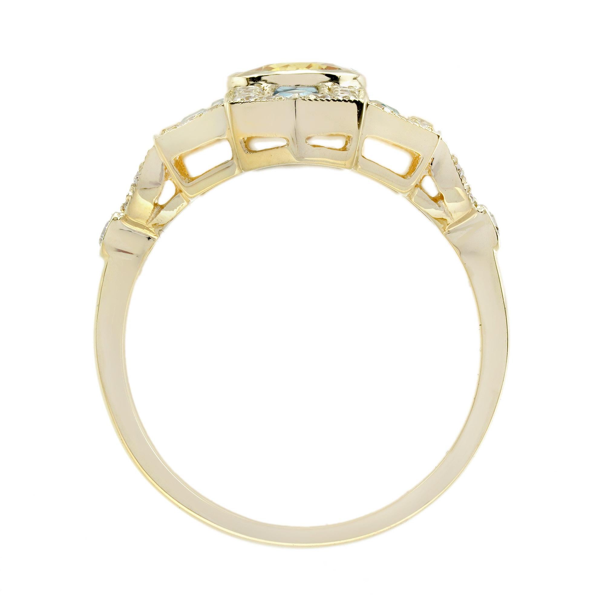 Yellow Sapphire Aquamarine and Diamond Art Deco Style Dinner Ring in 18K Gold For Sale 2