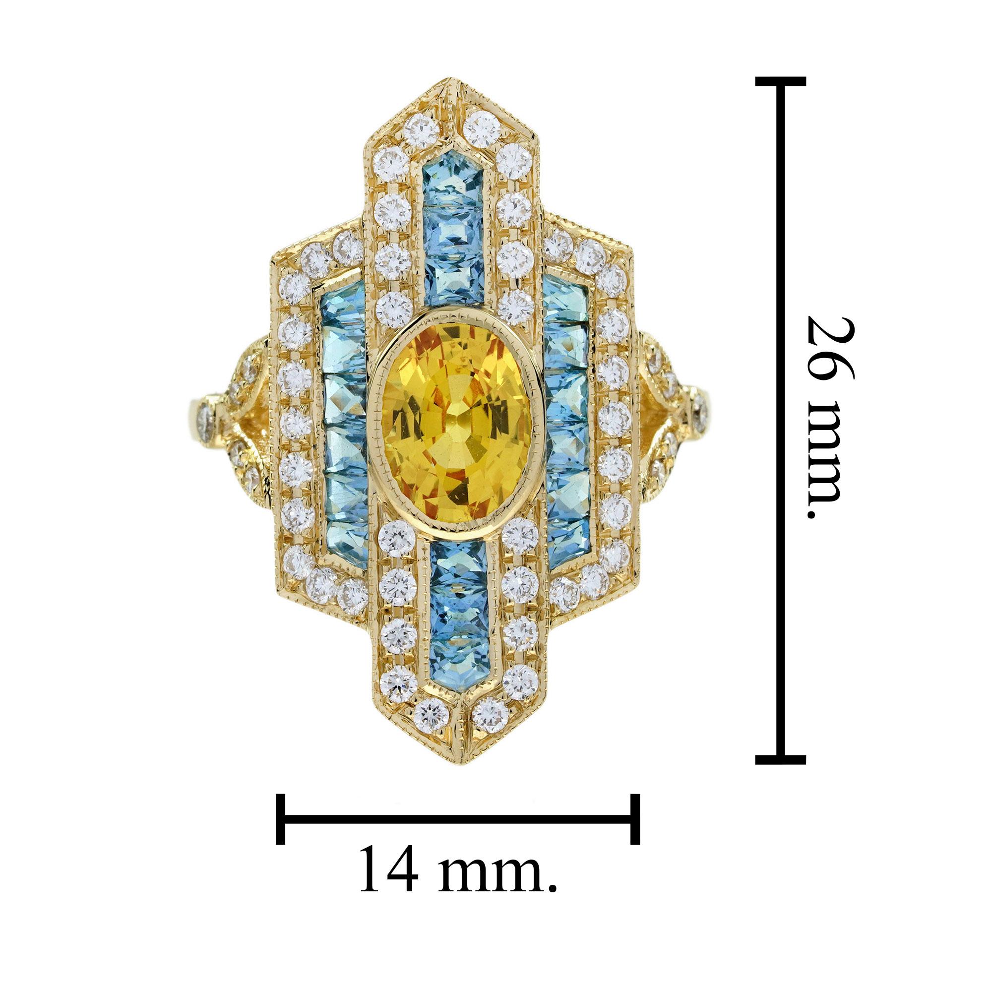 Yellow Sapphire Aquamarine and Diamond Art Deco Style Dinner Ring in 18K Gold For Sale 3