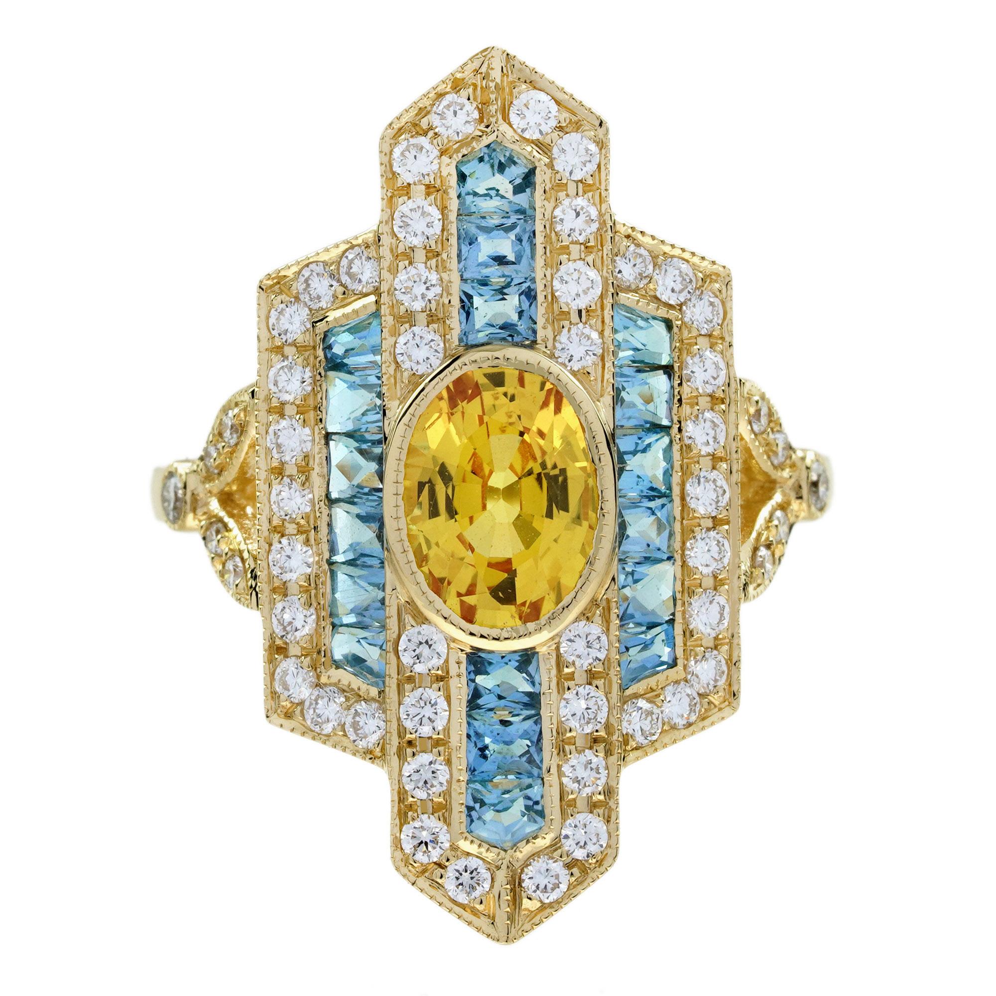 Yellow Sapphire Aquamarine and Diamond Art Deco Style Dinner Ring in 18K Gold