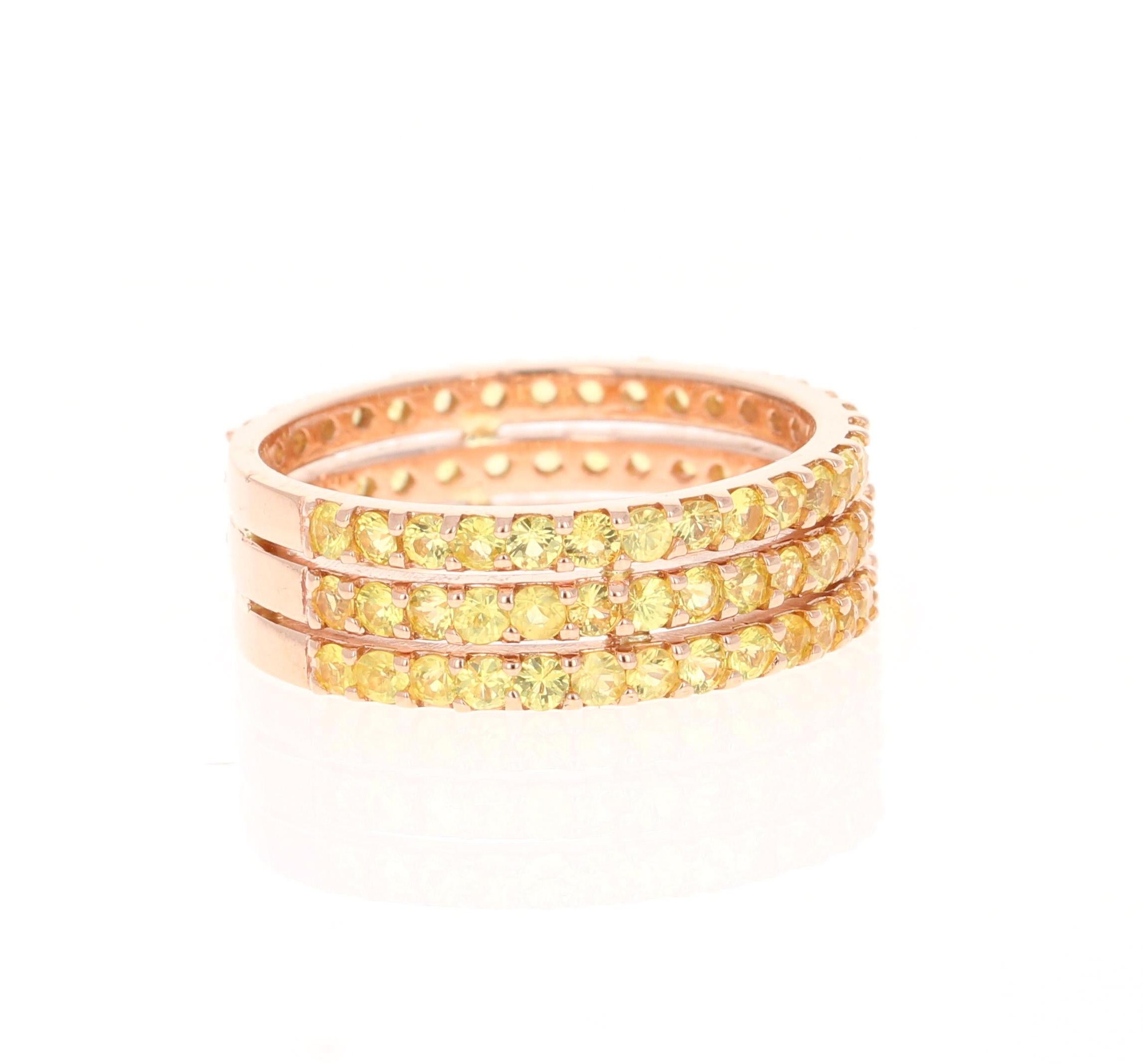 This ring has 90 Natural Round Cut Yellow Sapphires that weigh 2.46 Carats. 

Crafted in 14 Karat Rose Gold and weighs approximately 4.5 grams 

The ring is a size 7 and can be re-sized at no additional charge!