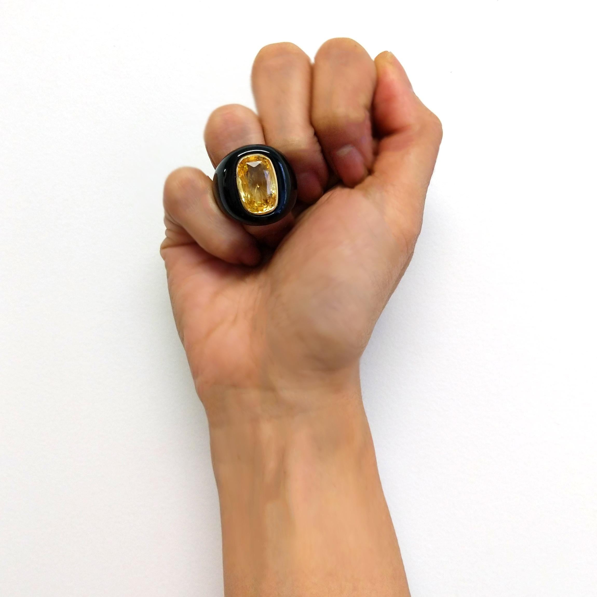 Cushion Cut 14.10 Yellow Sapphire Black Jade and Yellow Gold Ring
