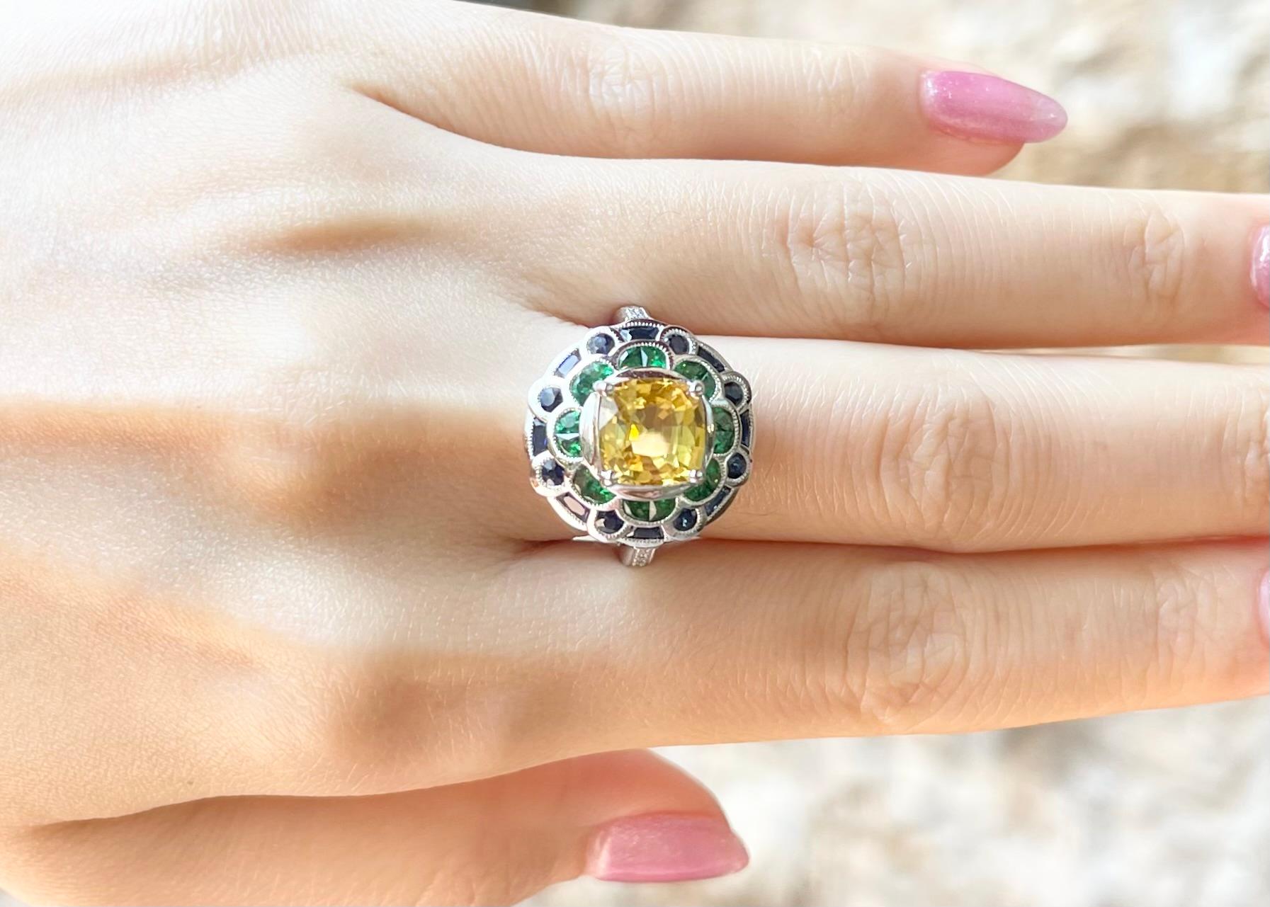 Art Deco Yellow Sapphire, Blue Sapphire, Tsavorite and Diamond Ring set in 18K White Gold For Sale