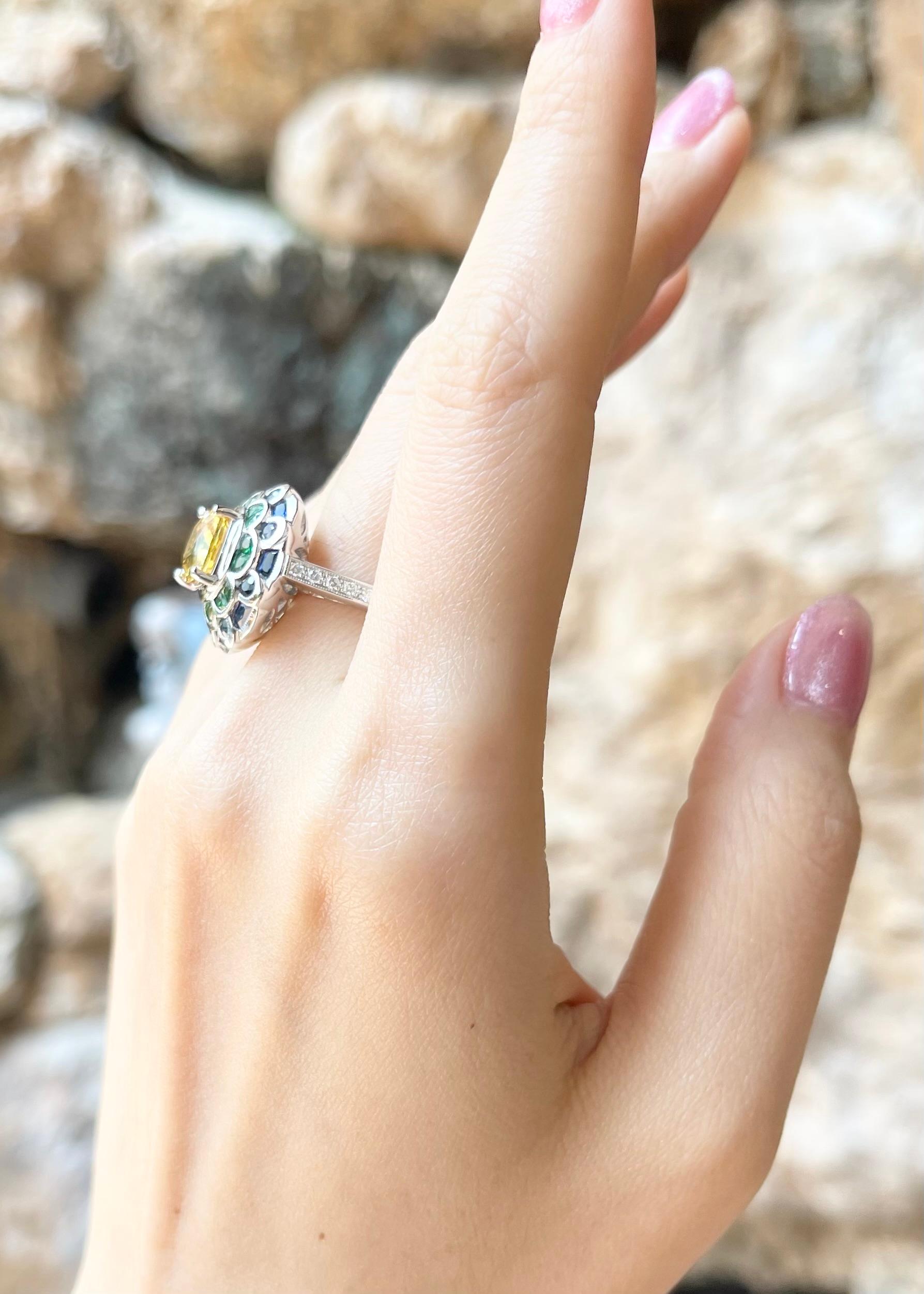 Mixed Cut Yellow Sapphire, Blue Sapphire, Tsavorite and Diamond Ring set in 18K White Gold For Sale