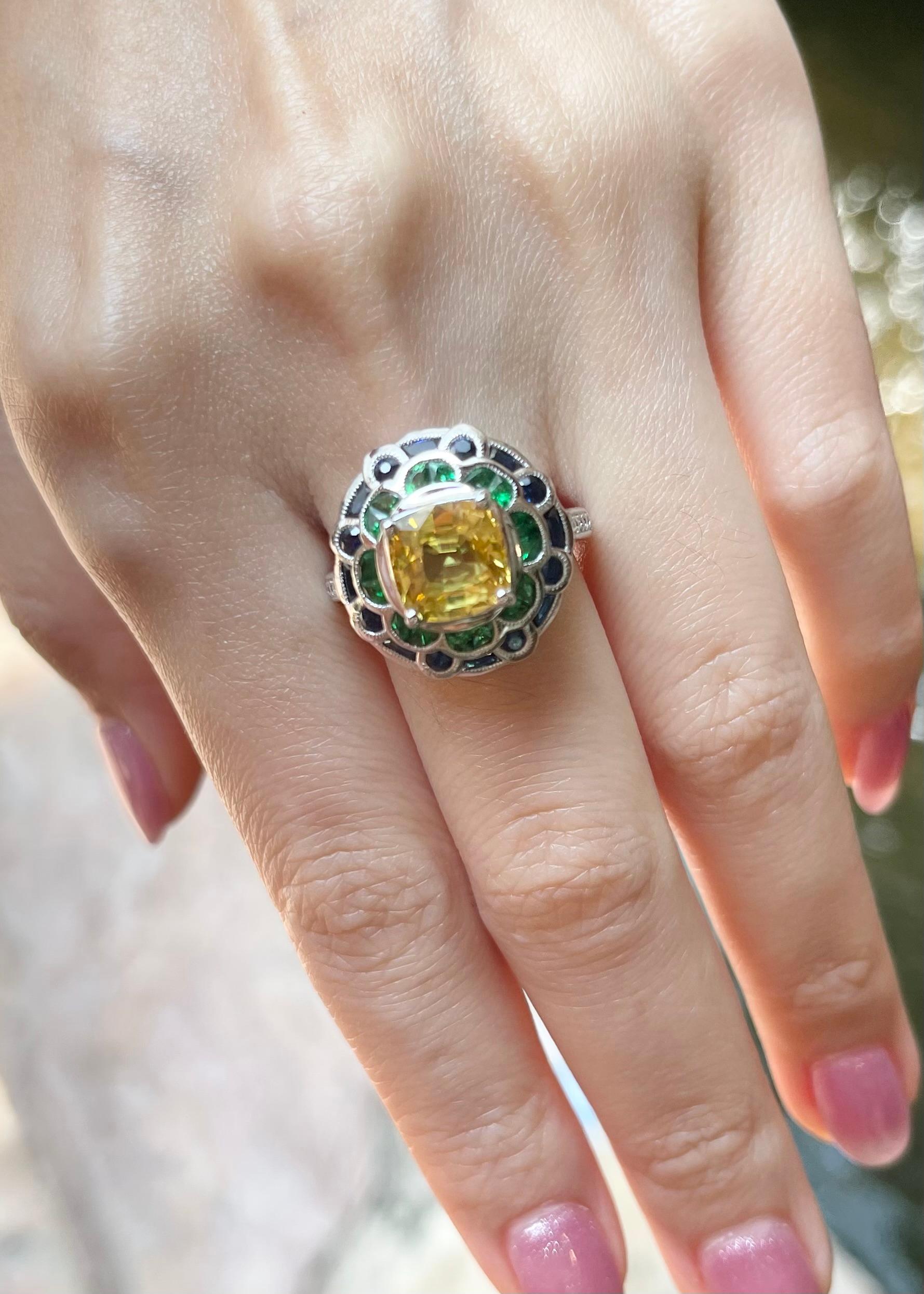 Women's Yellow Sapphire, Blue Sapphire, Tsavorite and Diamond Ring set in 18K White Gold For Sale