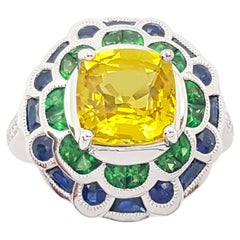 Bague en or blanc 18 carats, saphir jaune, saphir bleu, tsavorite et diamants