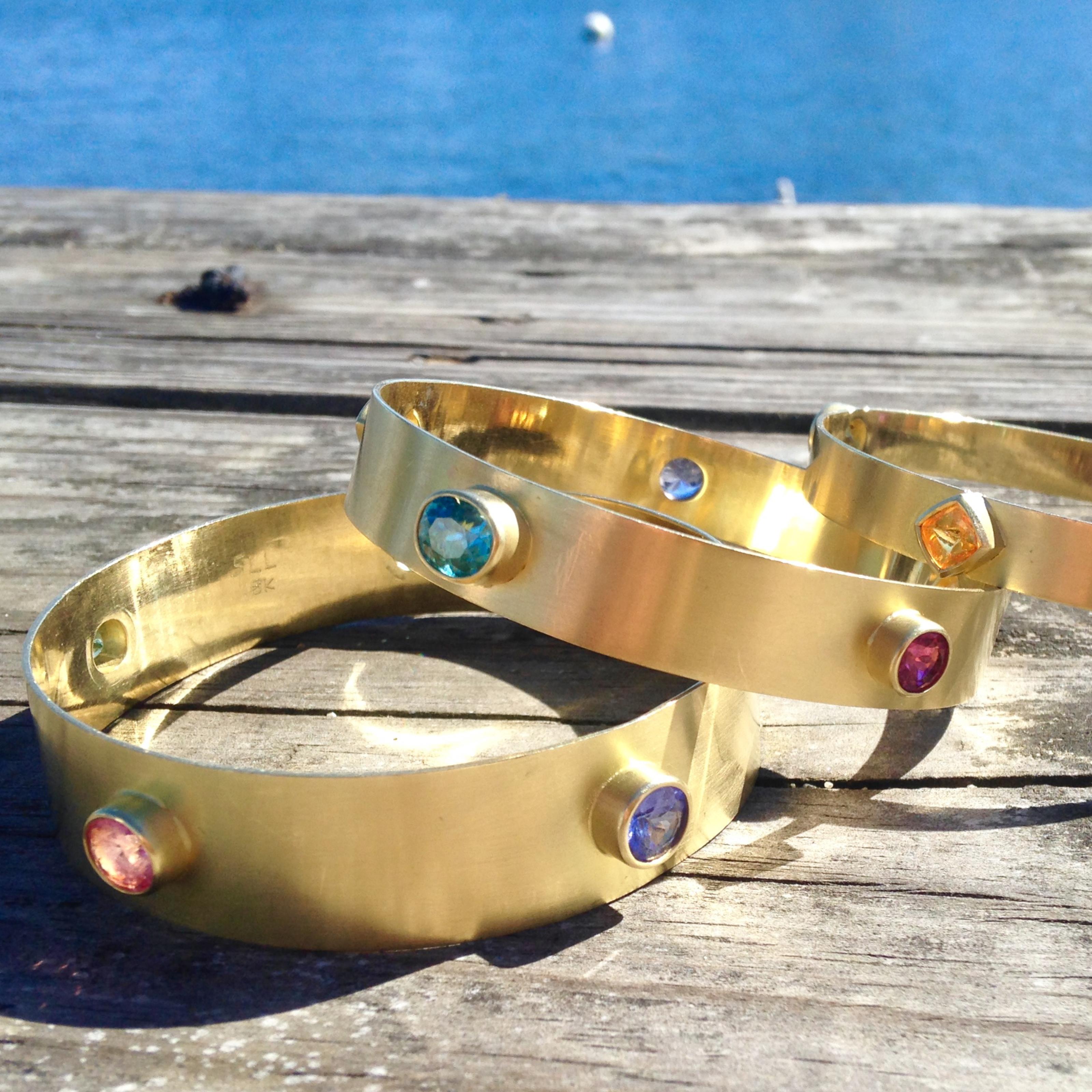Susan Lister Locke Multi Gemstone and 18 Karat Gold Bangle - Large In New Condition In Nantucket, MA