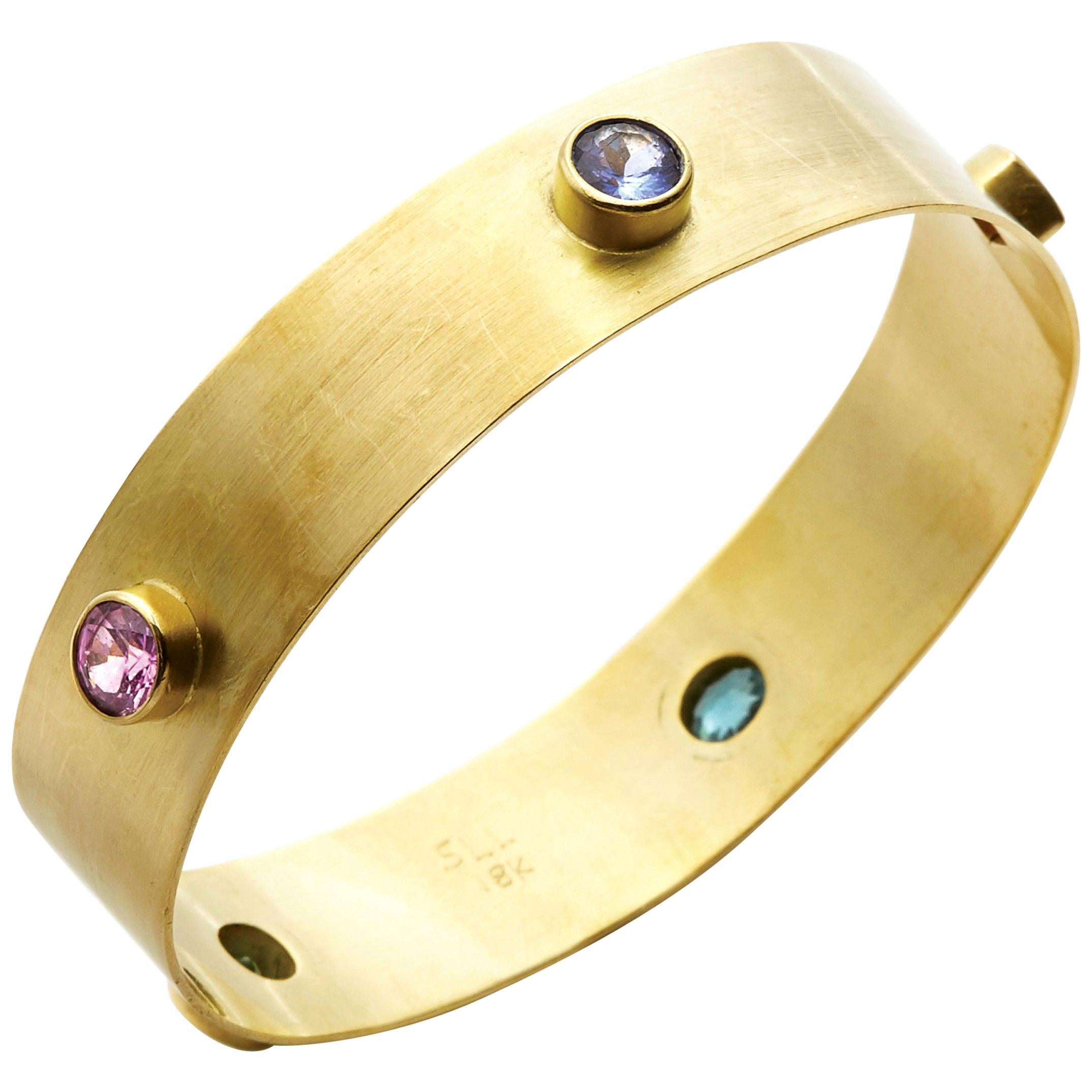 Susan Lister Locke Multi Gemstone and 18 Karat Gold Bangle - Large