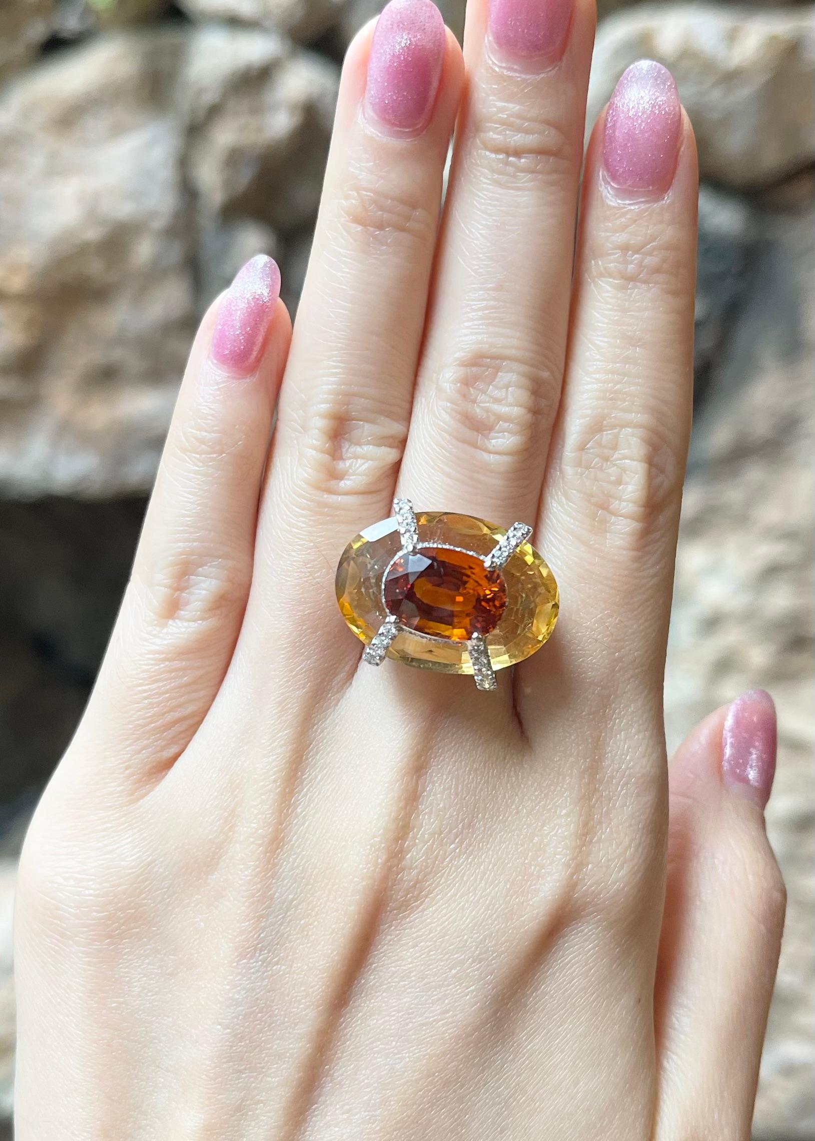 Bague en or blanc 18 carats : saphir jaune 6,84 carats, citrine 19,34 carats et diamant 0,86 carat

Largeur :  2.5 cm 
Longueur : 2.0 cm
Taille de l'anneau : 52
Poids total : 14,92 grammes

