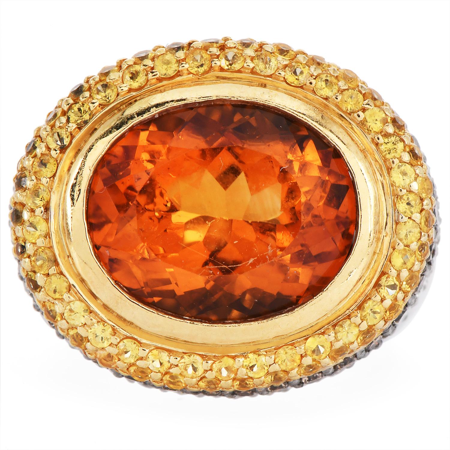 Treat yourself to this irresistibly stunning Estate fancy Diamond Citrine, Yellow sapphire  18K Gold Large Cocktail Ring!  This ring is crafted in hefty 18-karat white gold.  The center gemstone is one oval-shape genuine deep orange color Citrine of