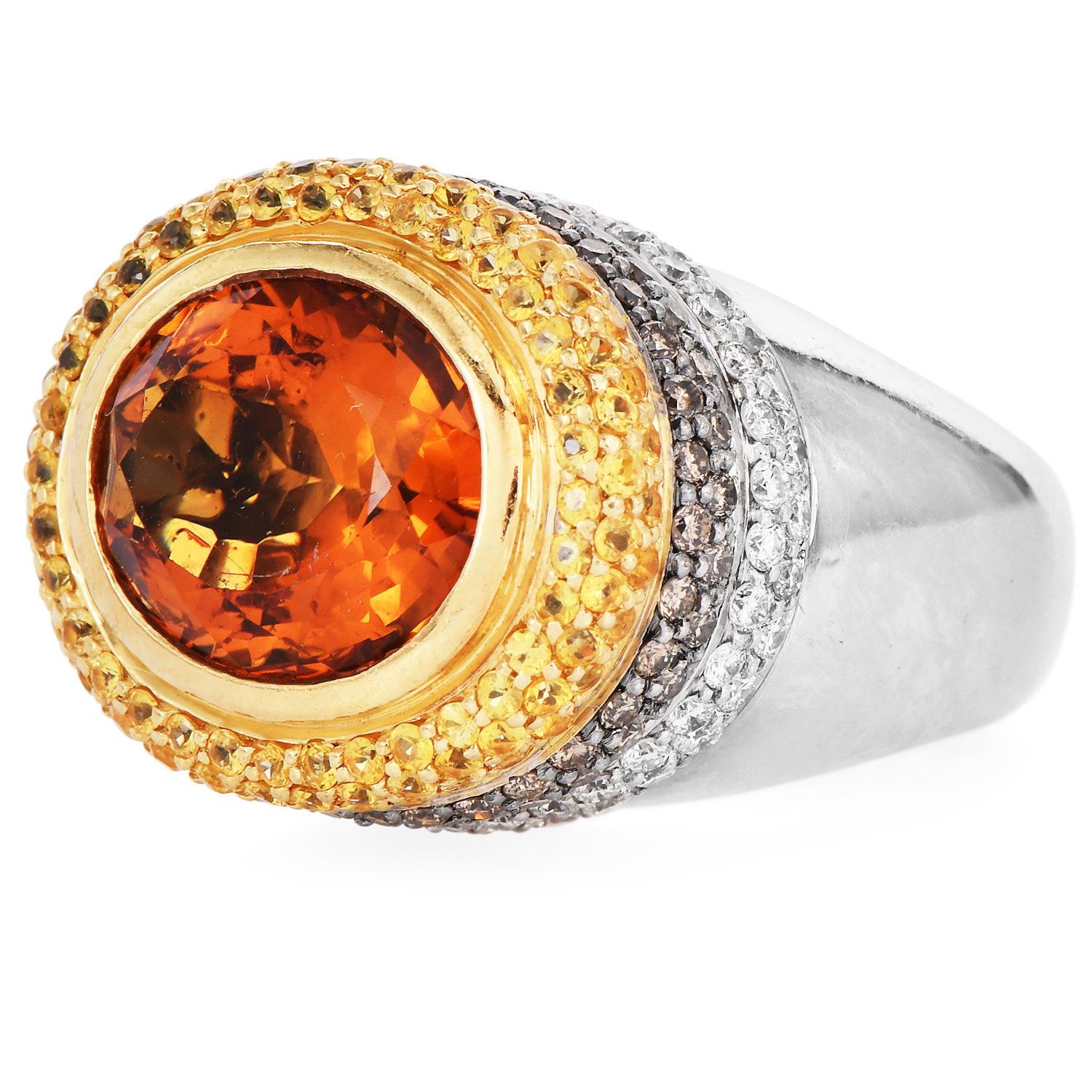 Retro Yellow Sapphire Citrine Fancy diamond Gold Large Cocktail Ring For Sale
