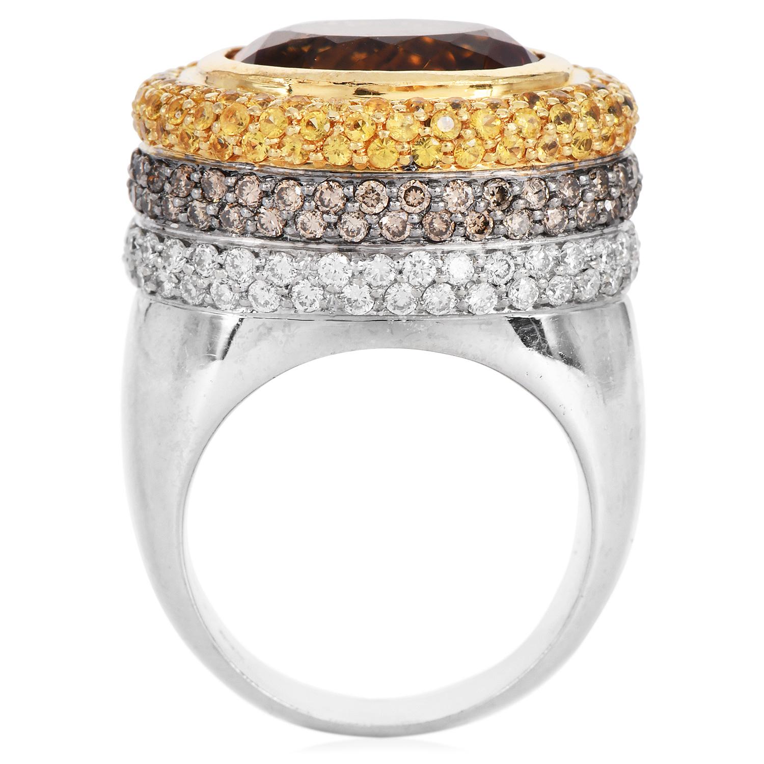 Oval Cut Yellow Sapphire Citrine Fancy diamond Gold Large Cocktail Ring For Sale