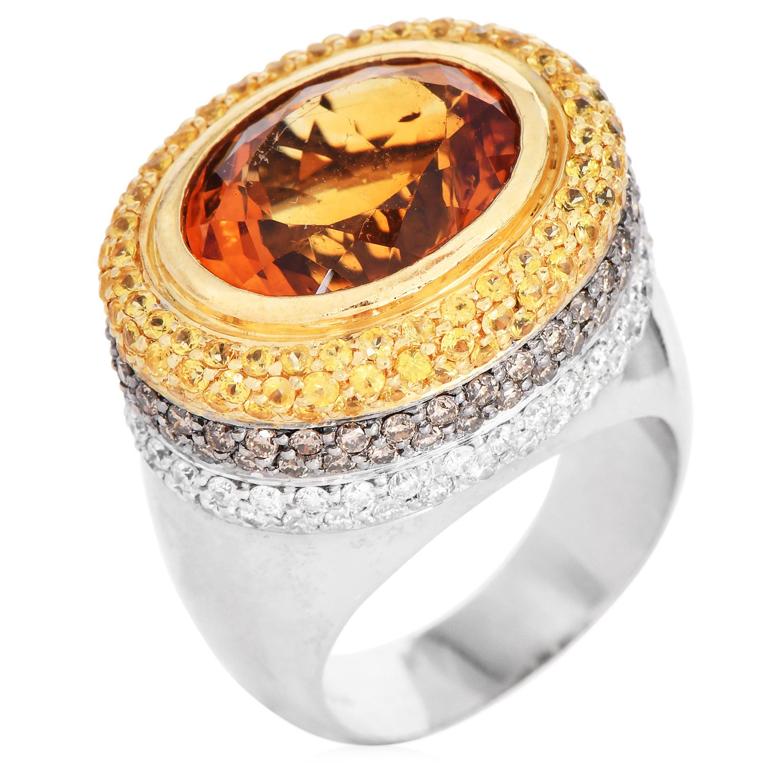 Yellow Sapphire Citrine Fancy diamond Gold Large Cocktail Ring In Excellent Condition For Sale In Miami, FL