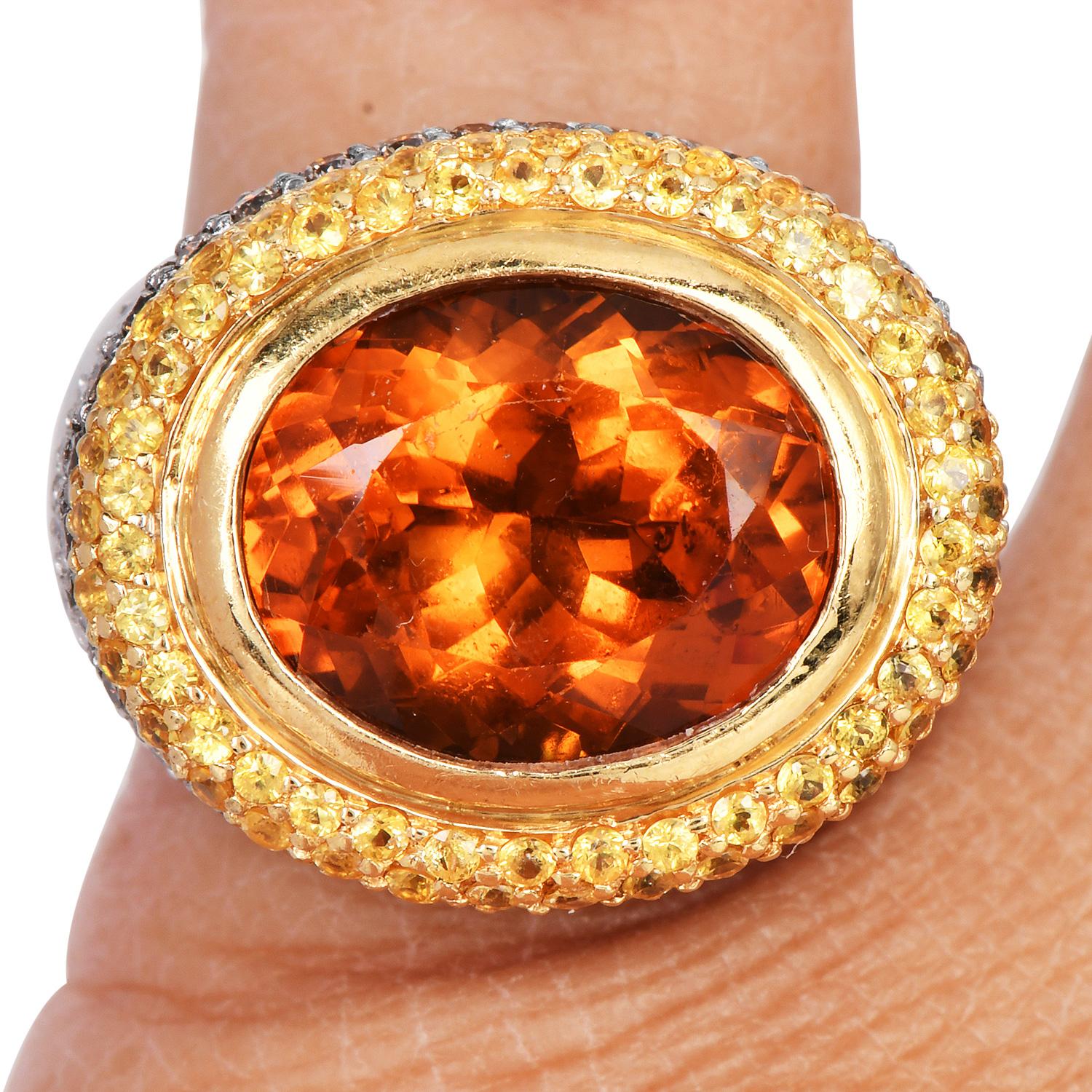 Yellow Sapphire Citrine Fancy diamond Gold Large Cocktail Ring For Sale 1