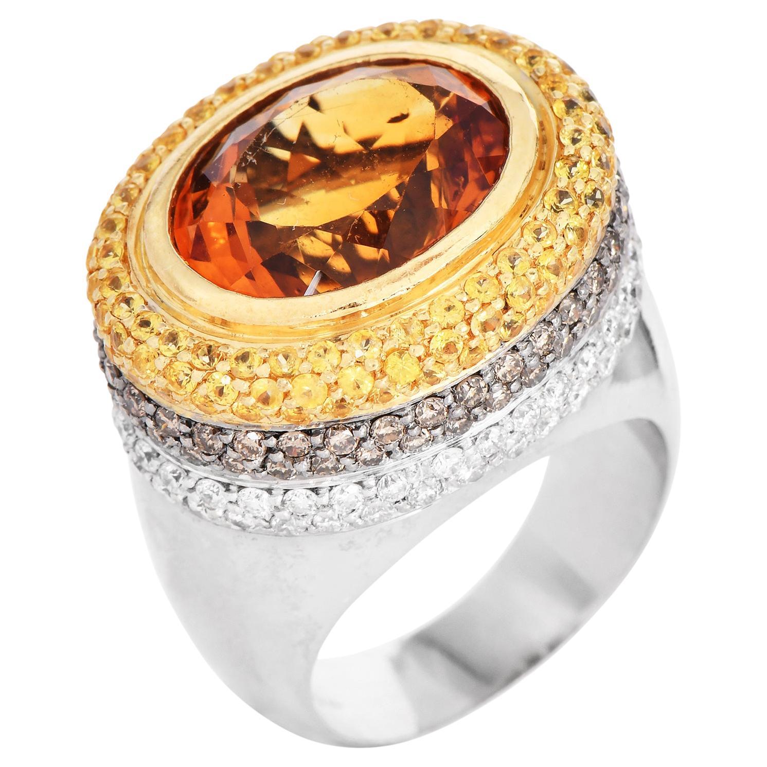 Yellow Sapphire Citrine Fancy diamond Gold Large Cocktail Ring For Sale