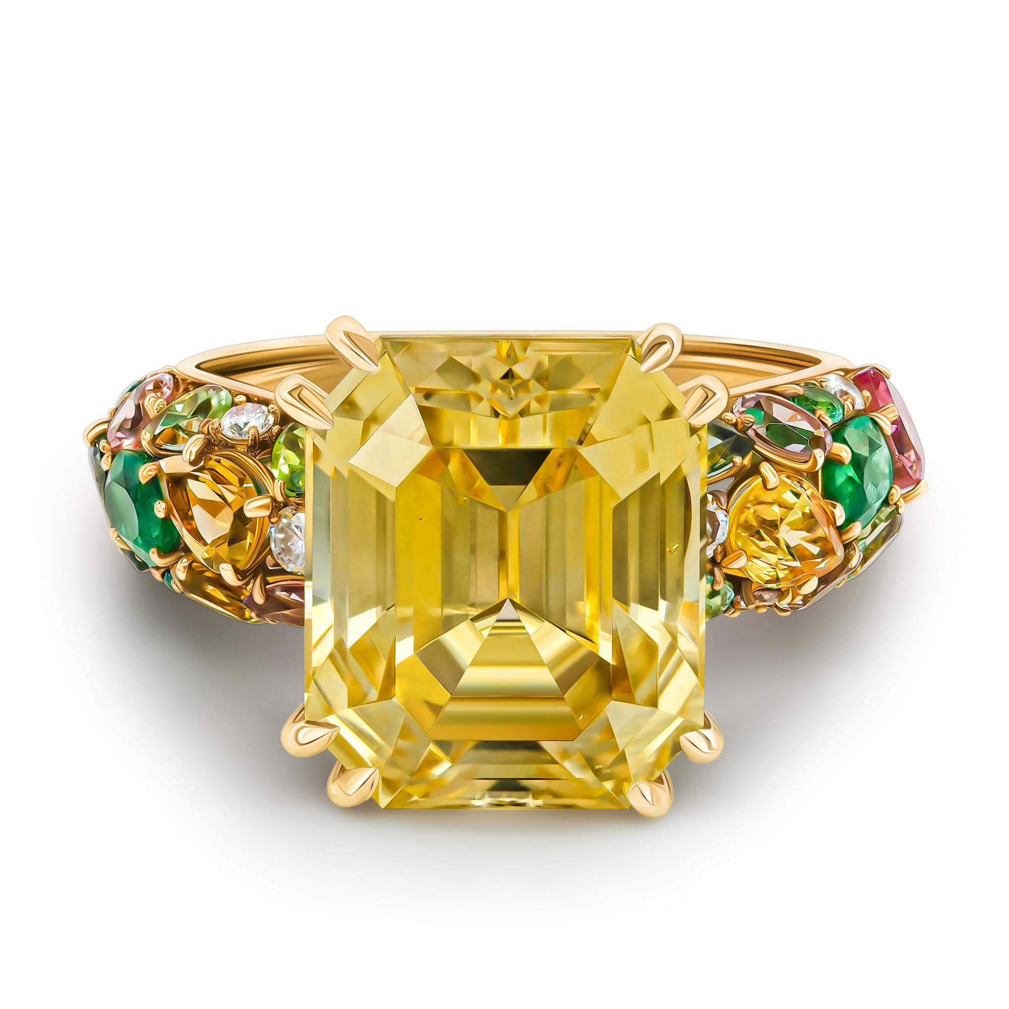•	18K Rose gold.  
•	Unheated yellow Sapphire in emerald cut – total carat weight 6.93.
•	Mixed gemstones in different cut – total carat weight 1.69.
•	Product weight – 6.17 grams.
•	Ring size – 6’.
