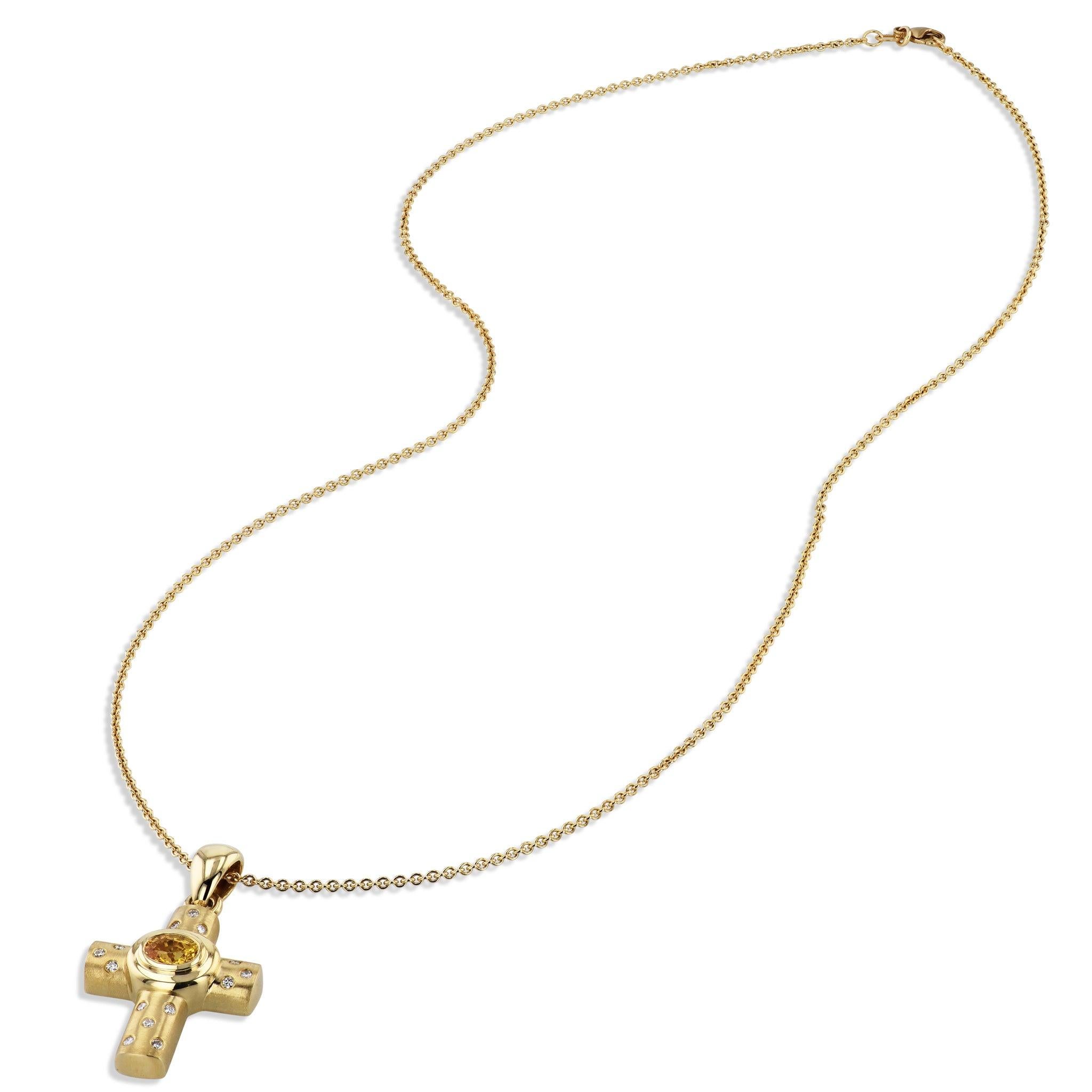 Indulge in the exquisite beauty of our Oval Yellow Sapphire and  burnish diamonds set in an 18kt Yellow Gold Cross Pendant Estate Necklace! Your look will be complete with a chain (sold separately). Make a statement with this stunning piece of