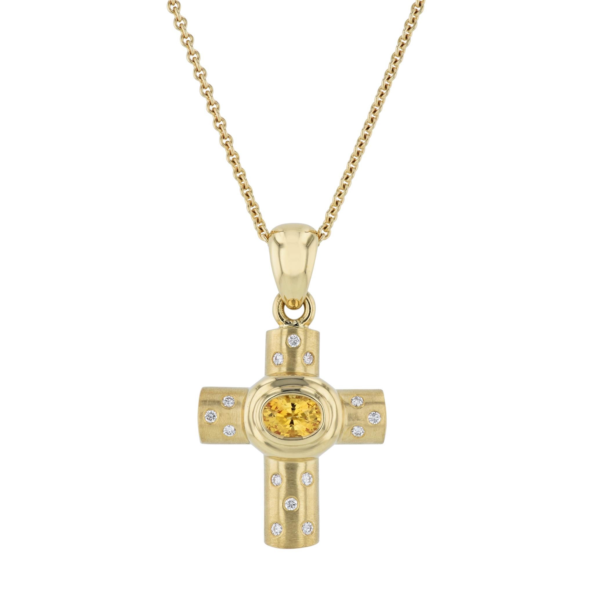 Modern Yellow Sapphire Cross Pendant Estate Necklace For Sale