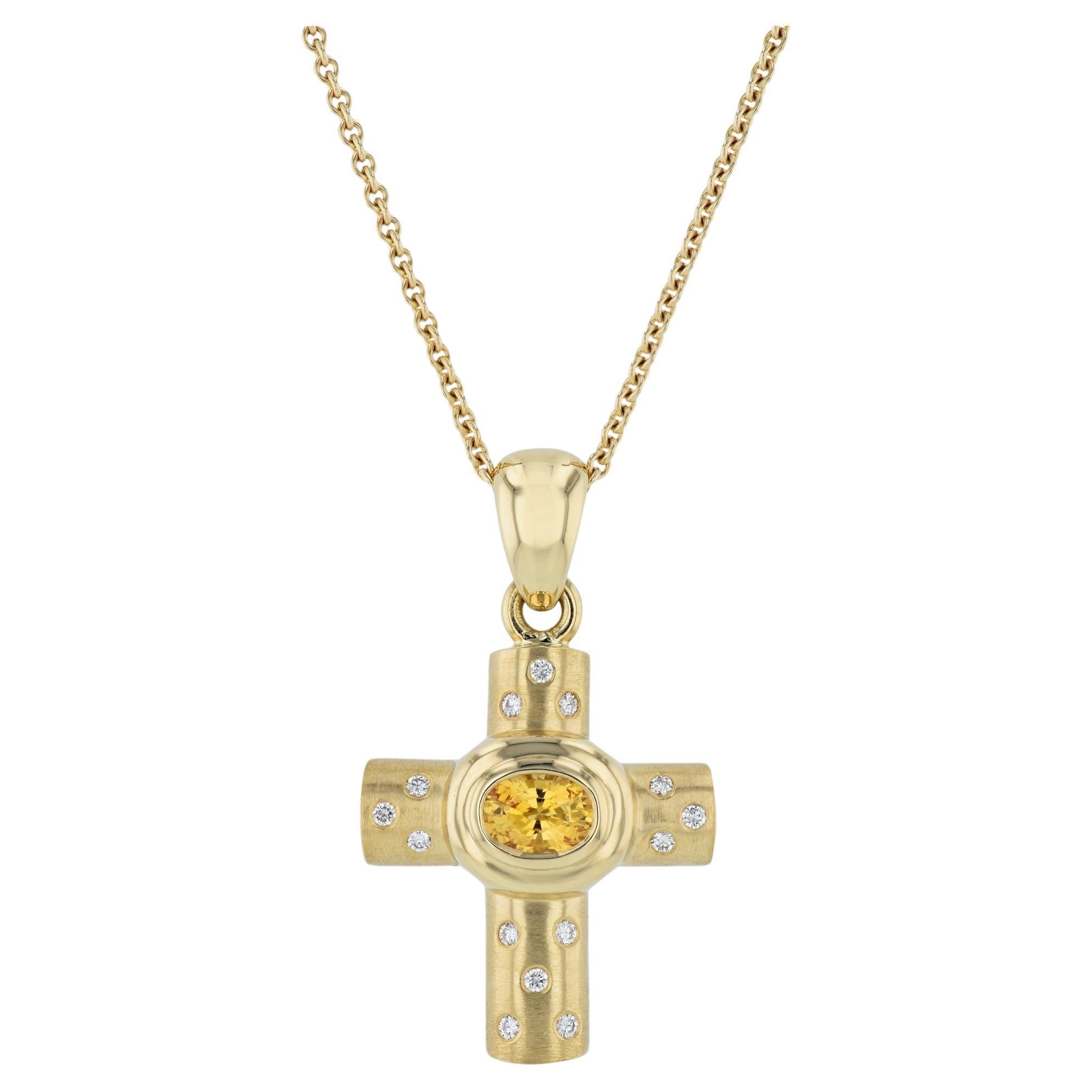 Yellow Sapphire Cross Pendant Estate Necklace