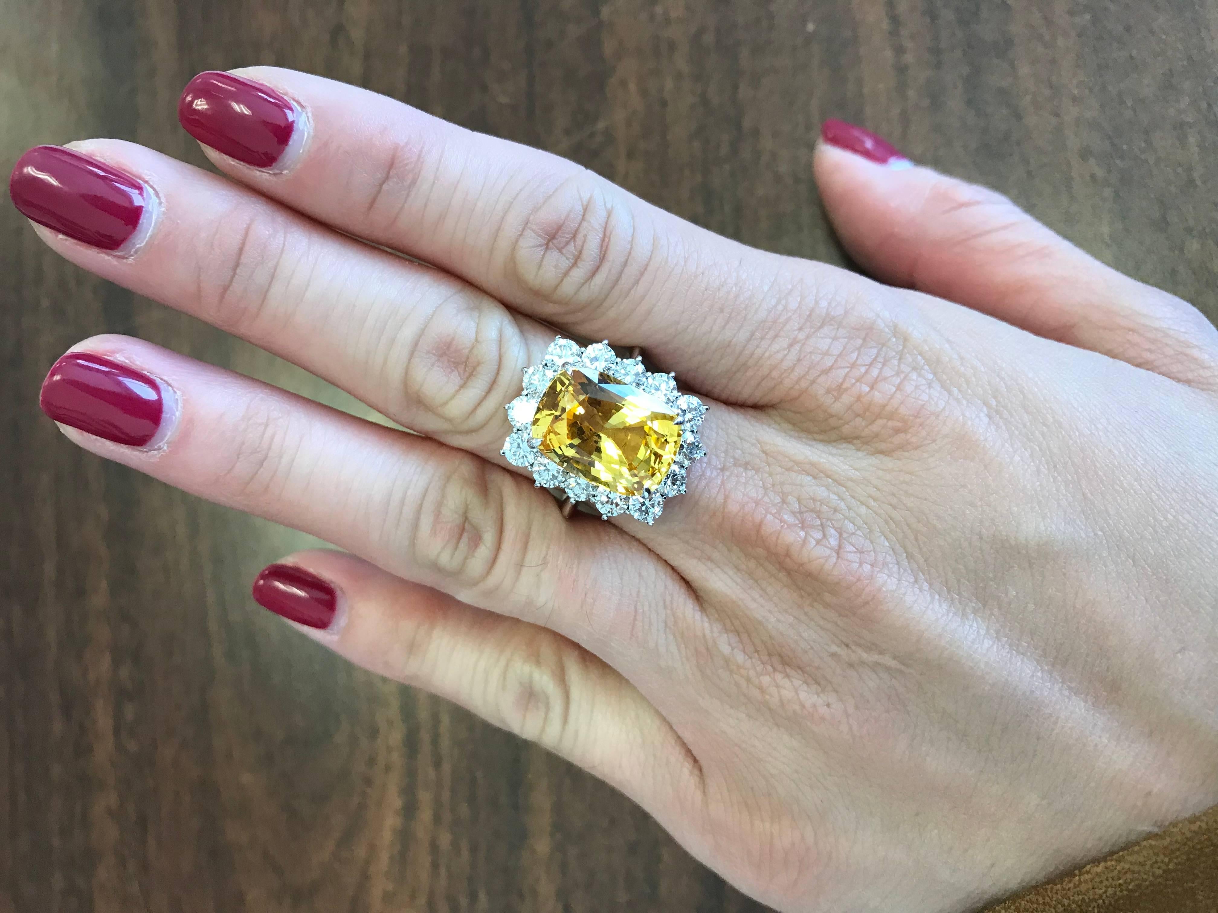 Women's or Men's Yellow Sapphire Cushion and Diamond Cocktail Ring