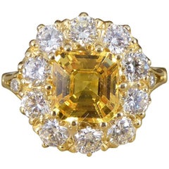 Yellow Sapphire Diamond 18 Carat Gold Cluster Engagement Ring