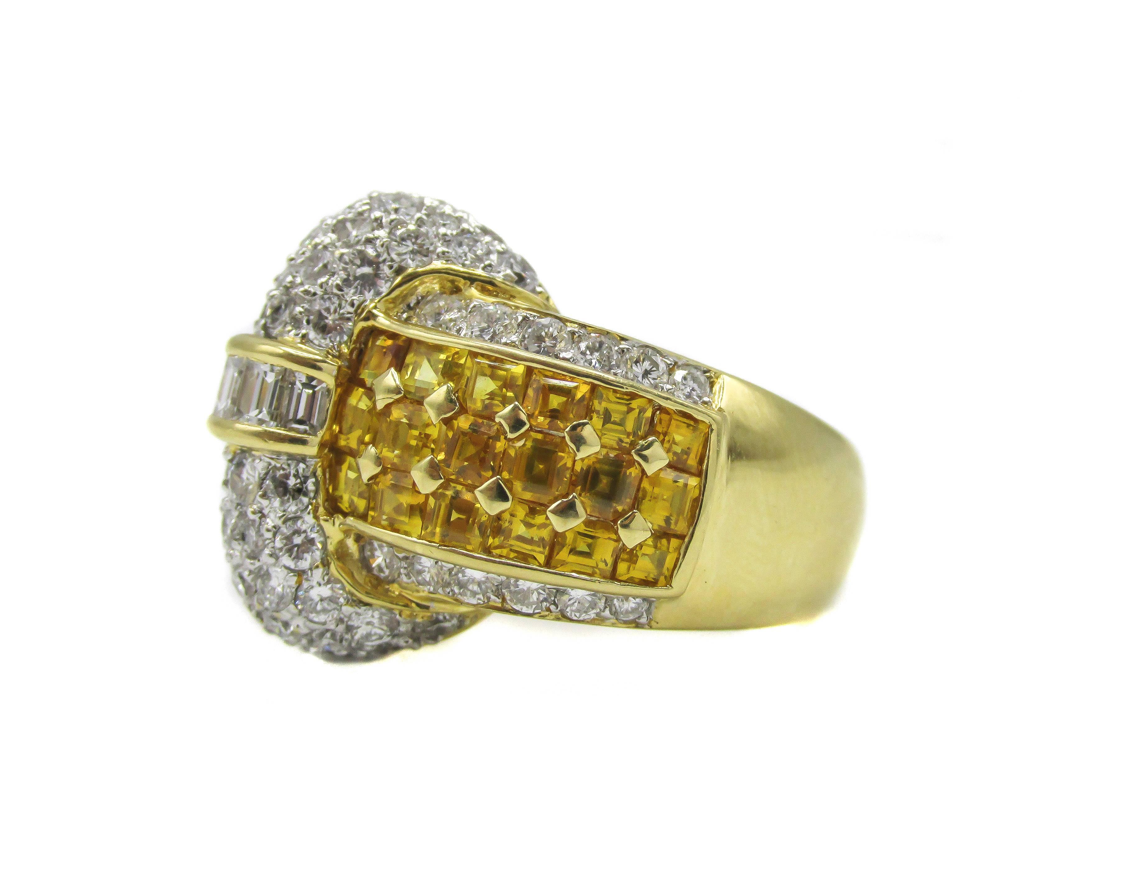 Women's or Men's Yellow Sapphire Diamond 18 Karat Gold Ring For Sale