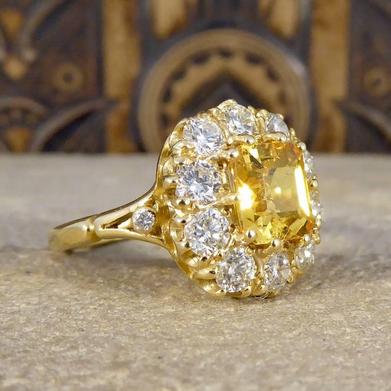 Yellow Sapphire Diamond 18 Carat Gold Cluster Engagement Ring at 1stDibs