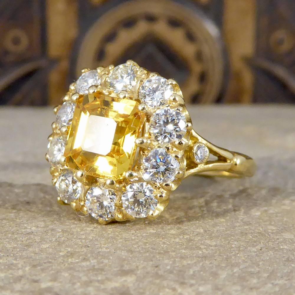 Women's Yellow Sapphire Diamond 18 Carat Gold Cluster Engagement Ring