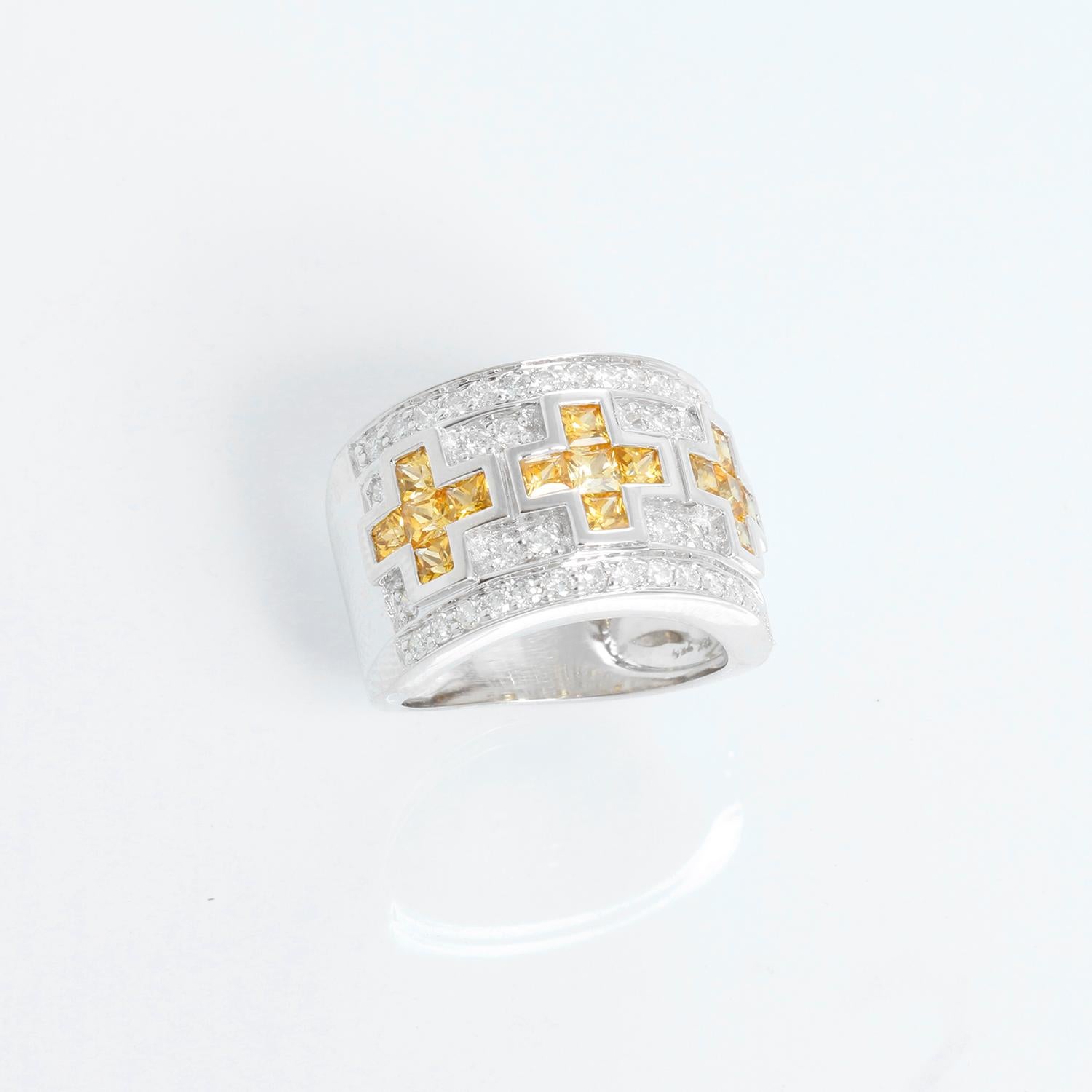 Yellow Sapphire & Diamond 18k White Gold Band Size 6 1/4  - 14mm wide band. .70 carat diamonds and 1.50 carat of yellow sapphires. Pre-owned with hallmarks. Size 6 1/4 .
