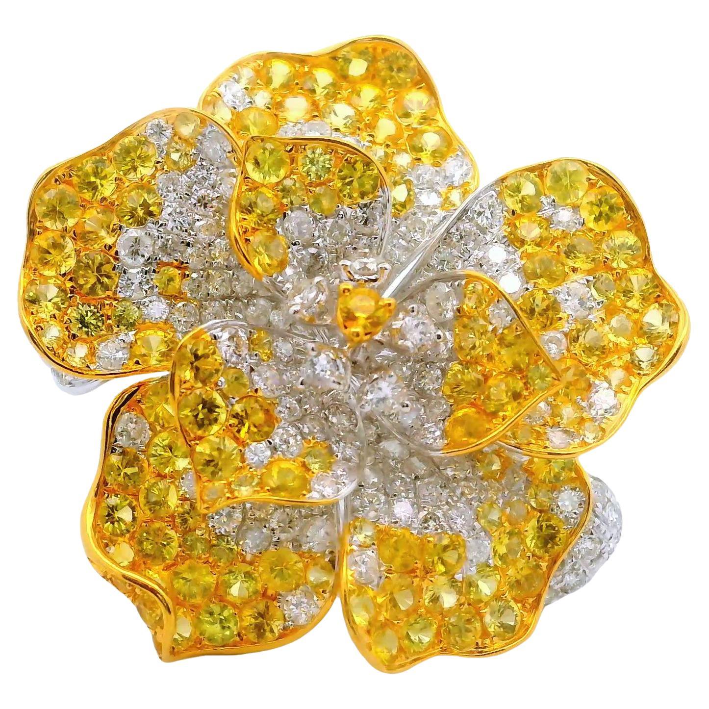Anillo Cóctel Flor Zafiro Amarillo Diamante Oro Blanco 18k